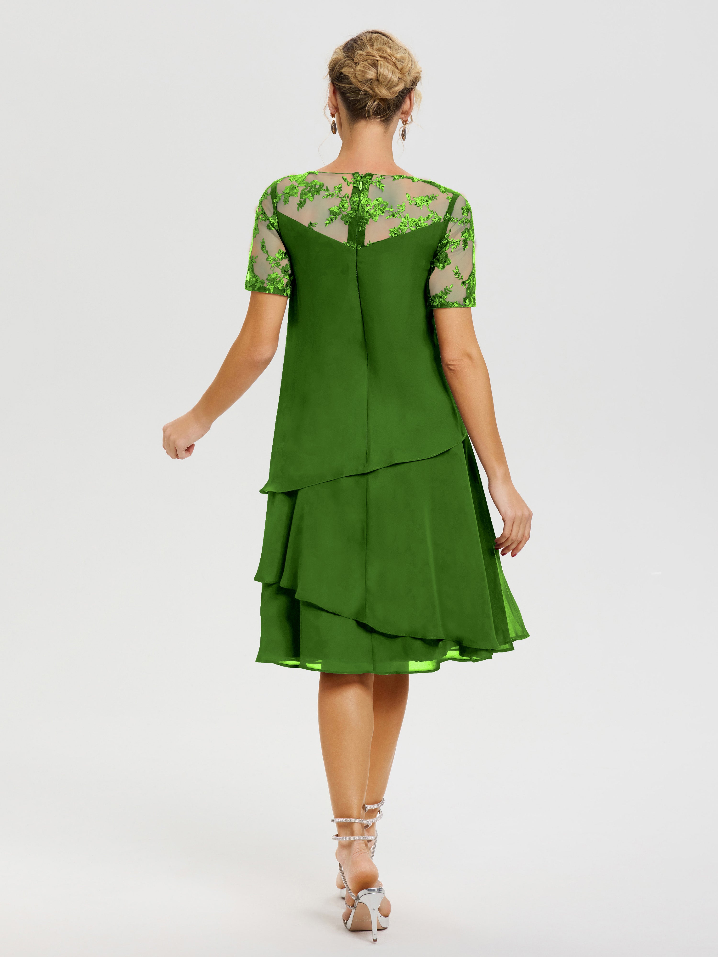 Robe Mère De La Mariee Mousse Col Rond Mancherons Mousseline & Dentelle Robe De Cérémonie Mère Du Marié