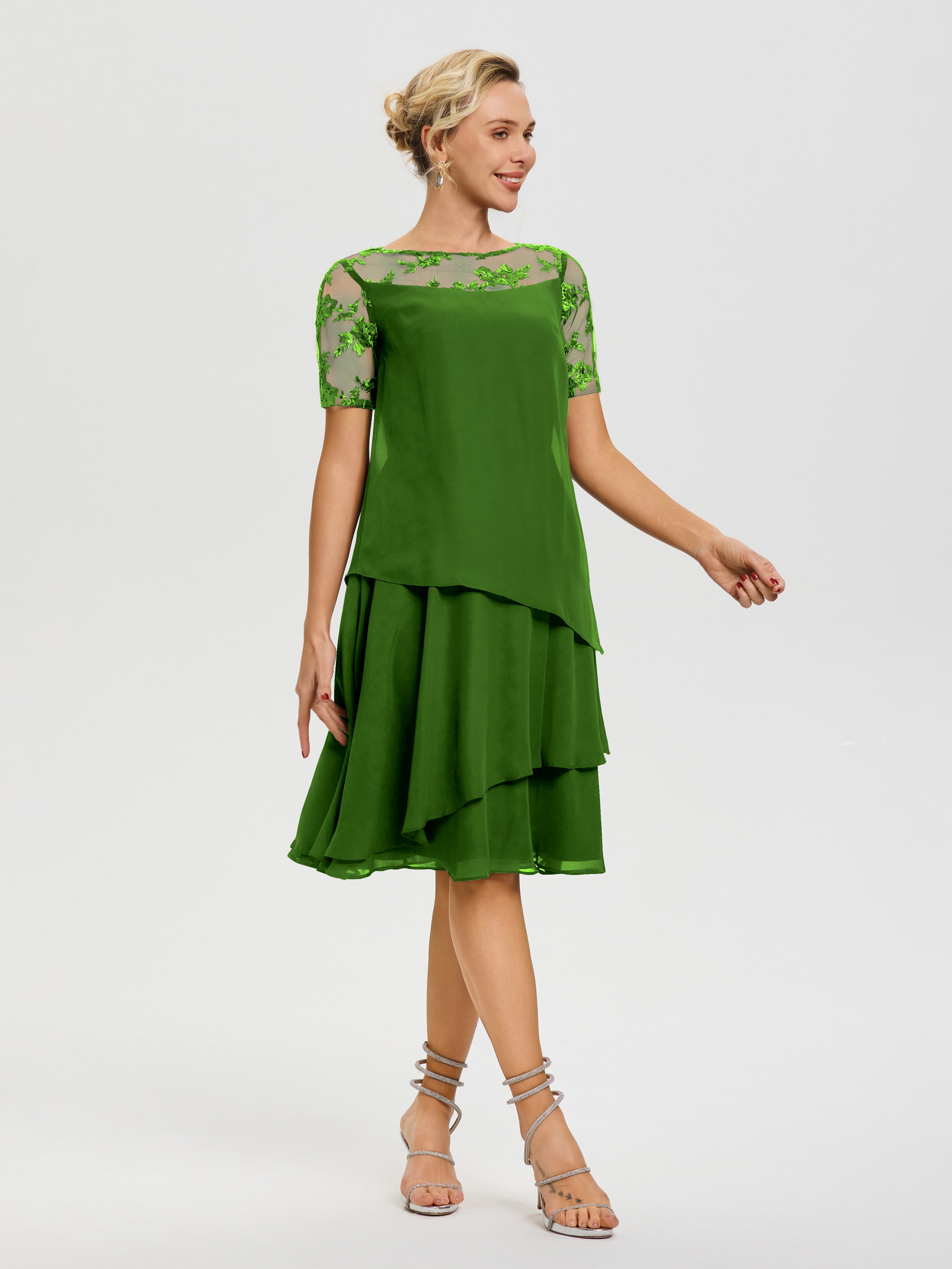 Robe Mère De La Mariee Mousse Col Rond Mancherons Mousseline & Dentelle Robe De Cérémonie Mère Du Marié