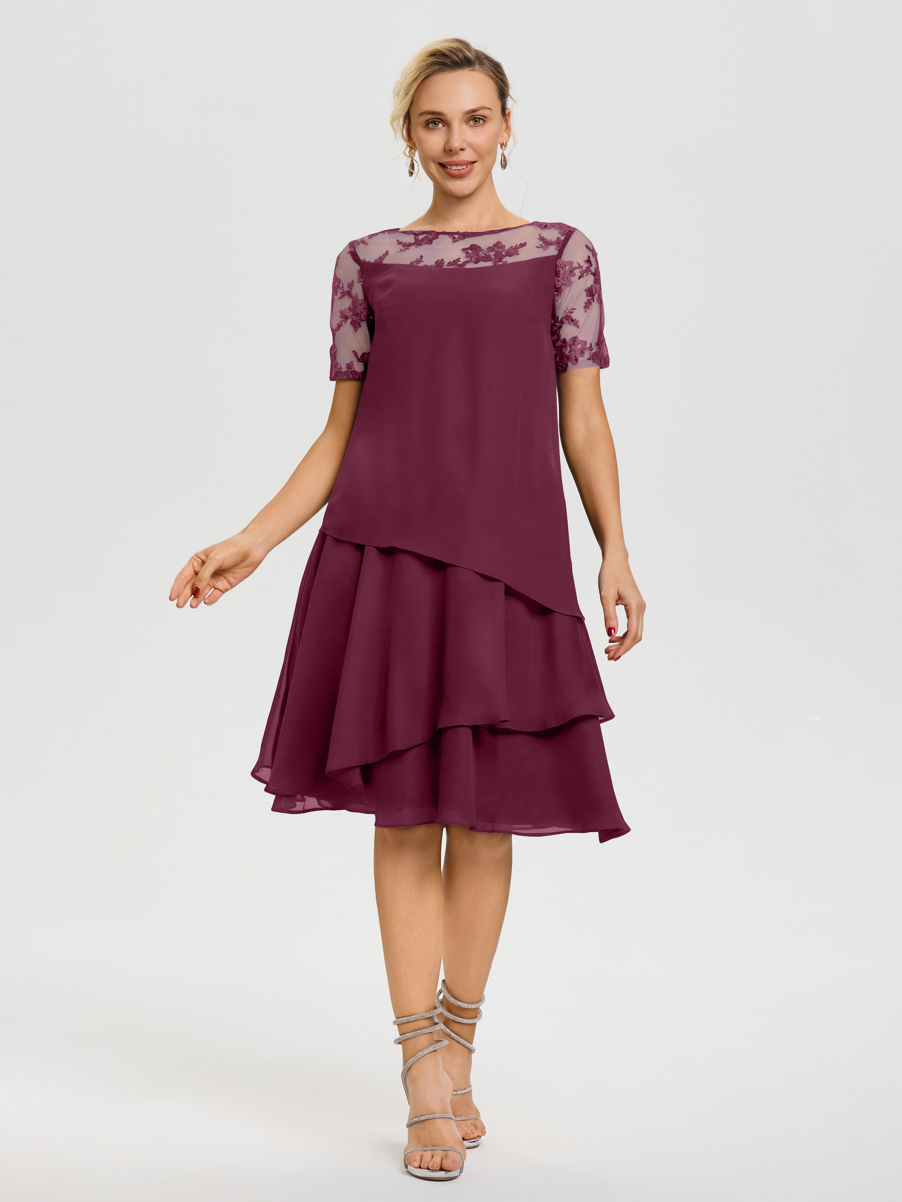 Robe De La Mère Du Marié Mure Col Rond Mancherons Mousseline & Dentelle Robe De Cérémonie Mère Du Marié