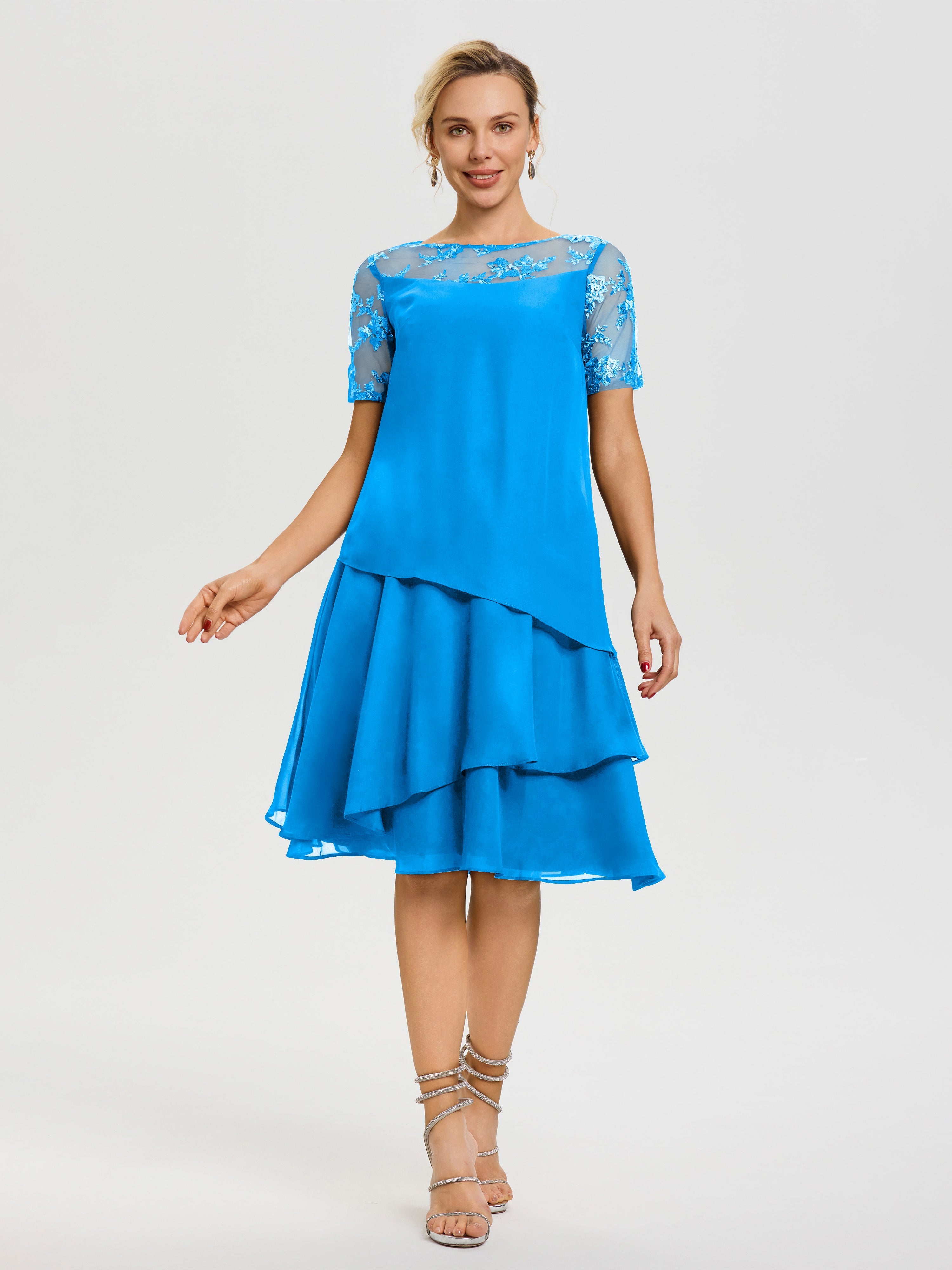 Cicinia Robe Mère De La Mariée Bleu Océan Col Rond Mancherons Mousseline & Dentelle Robe De Cérémonie Mère Du Marié