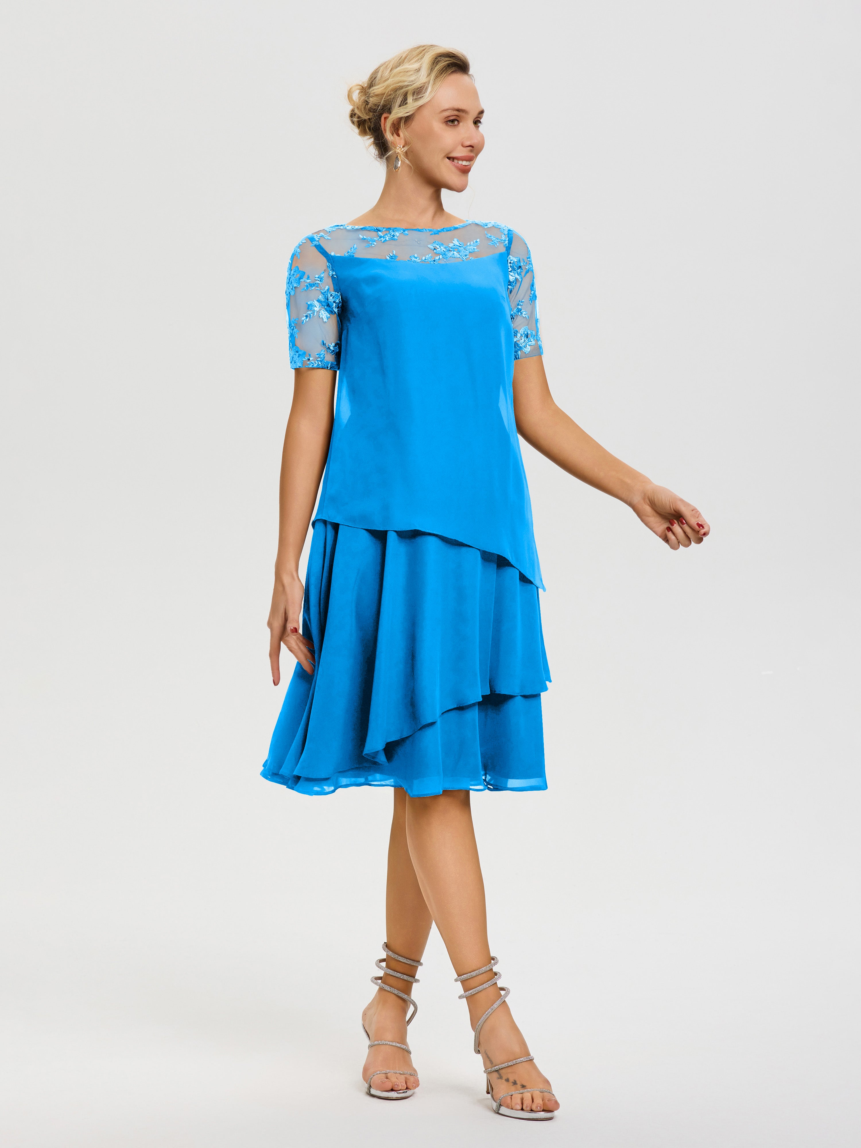 Cicinia Robe Mère De La Mariée Bleu Océan Col Rond Mancherons Mousseline & Dentelle Robe De Cérémonie Mère Du Marié
