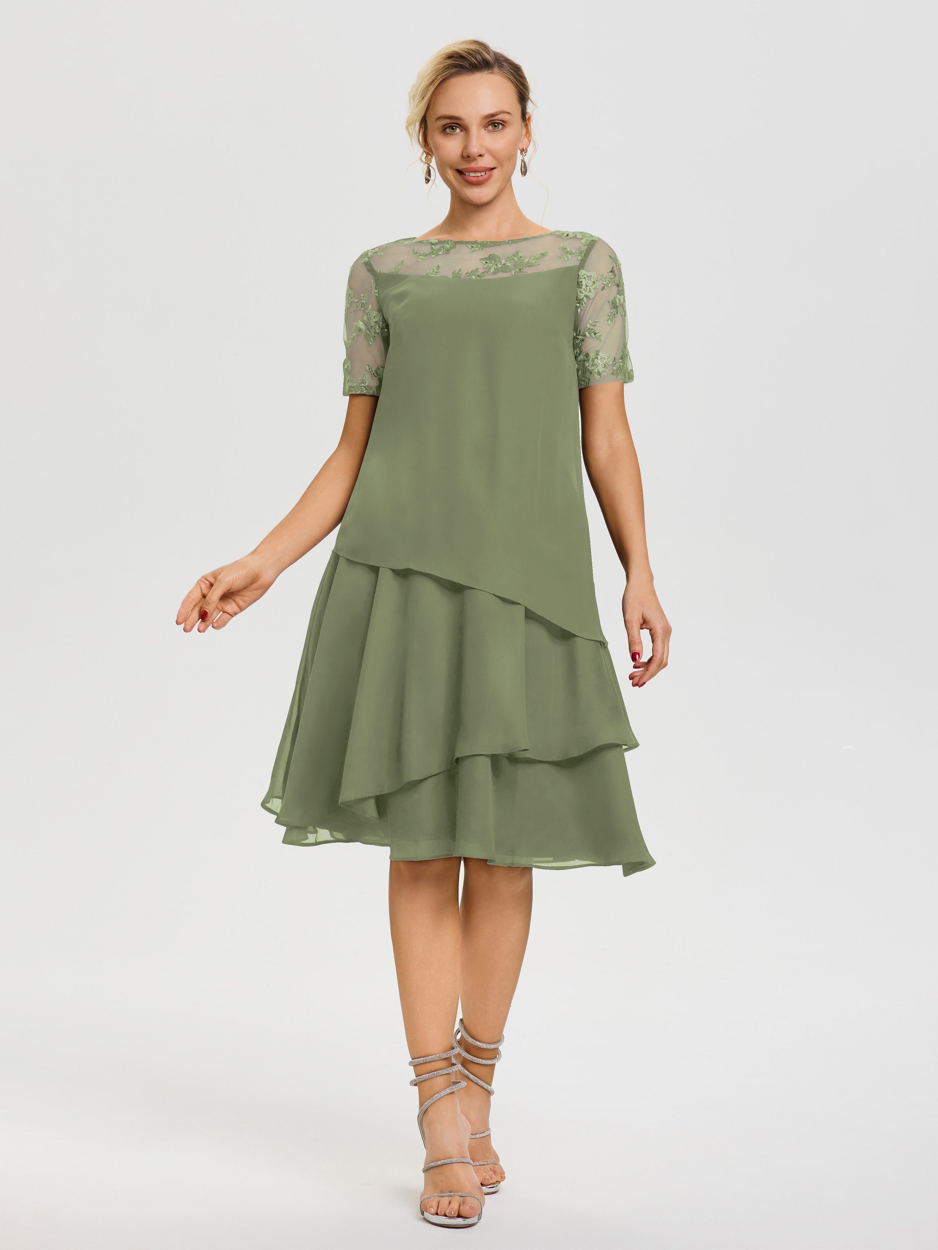 Robe Mère Mariée Moderne Vert Olive Col Rond Mancherons Mousseline & Dentelle Robe De Cérémonie Mère Du Marié