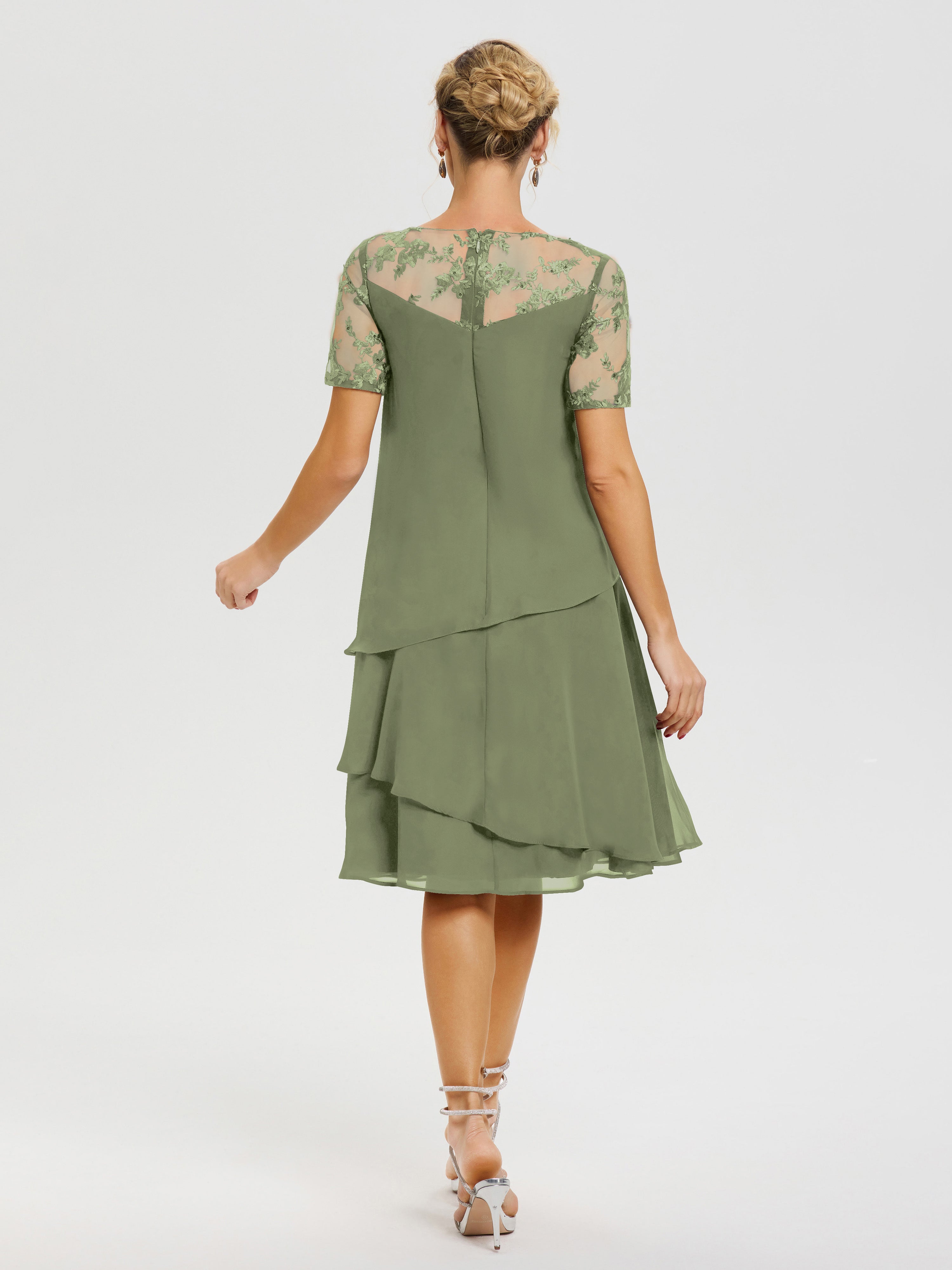 Robe Mère Mariée Moderne Vert Olive Col Rond Mancherons Mousseline & Dentelle Robe De Cérémonie Mère Du Marié