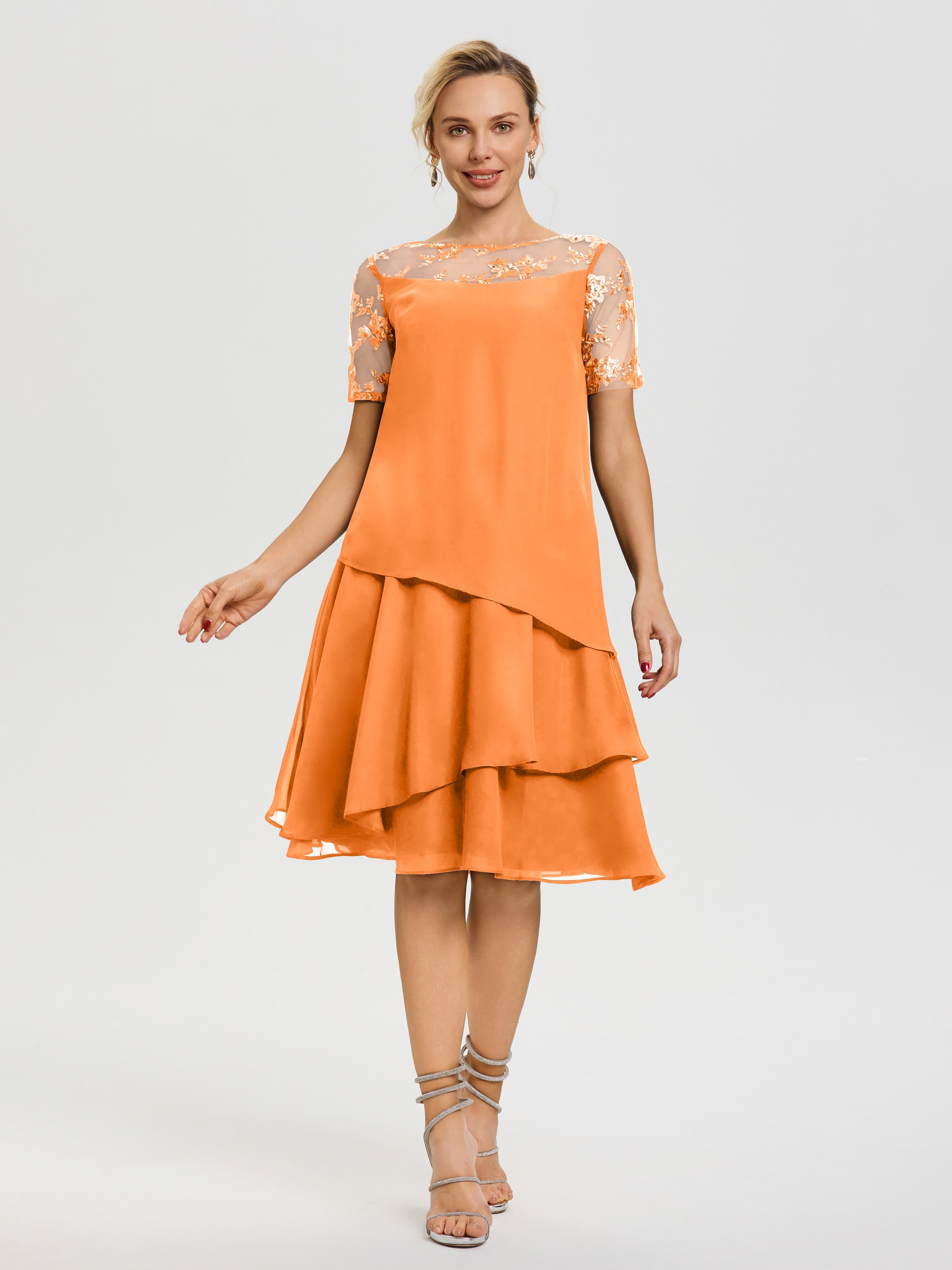 Robe De La Mère Du Marié Orange Col Rond Mancherons Mousseline & Dentelle Robe De Cérémonie Mère Du Marié
