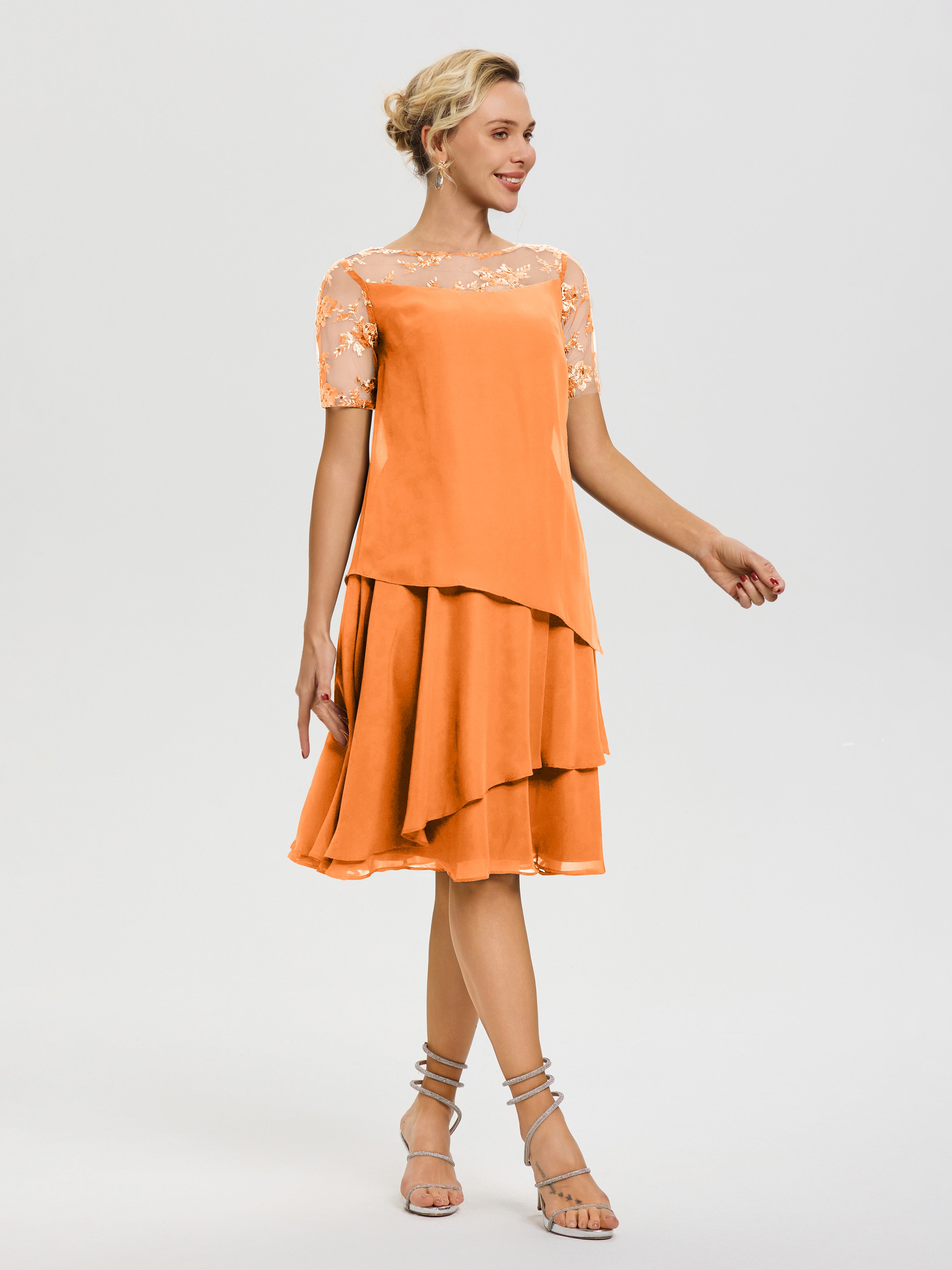 Robe De La Mère Du Marié Orange Col Rond Mancherons Mousseline & Dentelle Robe De Cérémonie Mère Du Marié