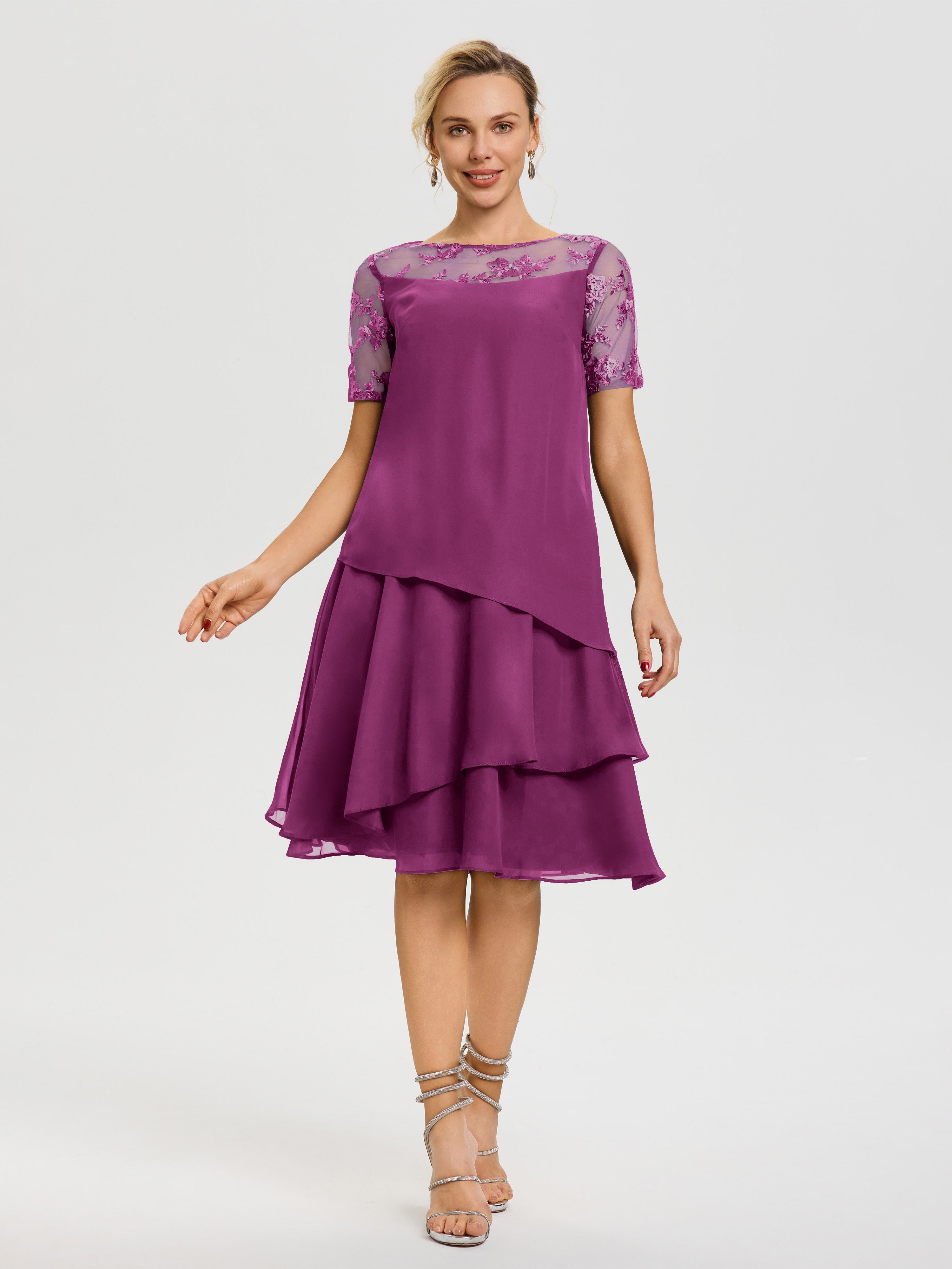 Robe De La Mère Du Marié Orchidée Col Rond Mancherons Mousseline & Dentelle Robe De Cérémonie Mère Du Marié