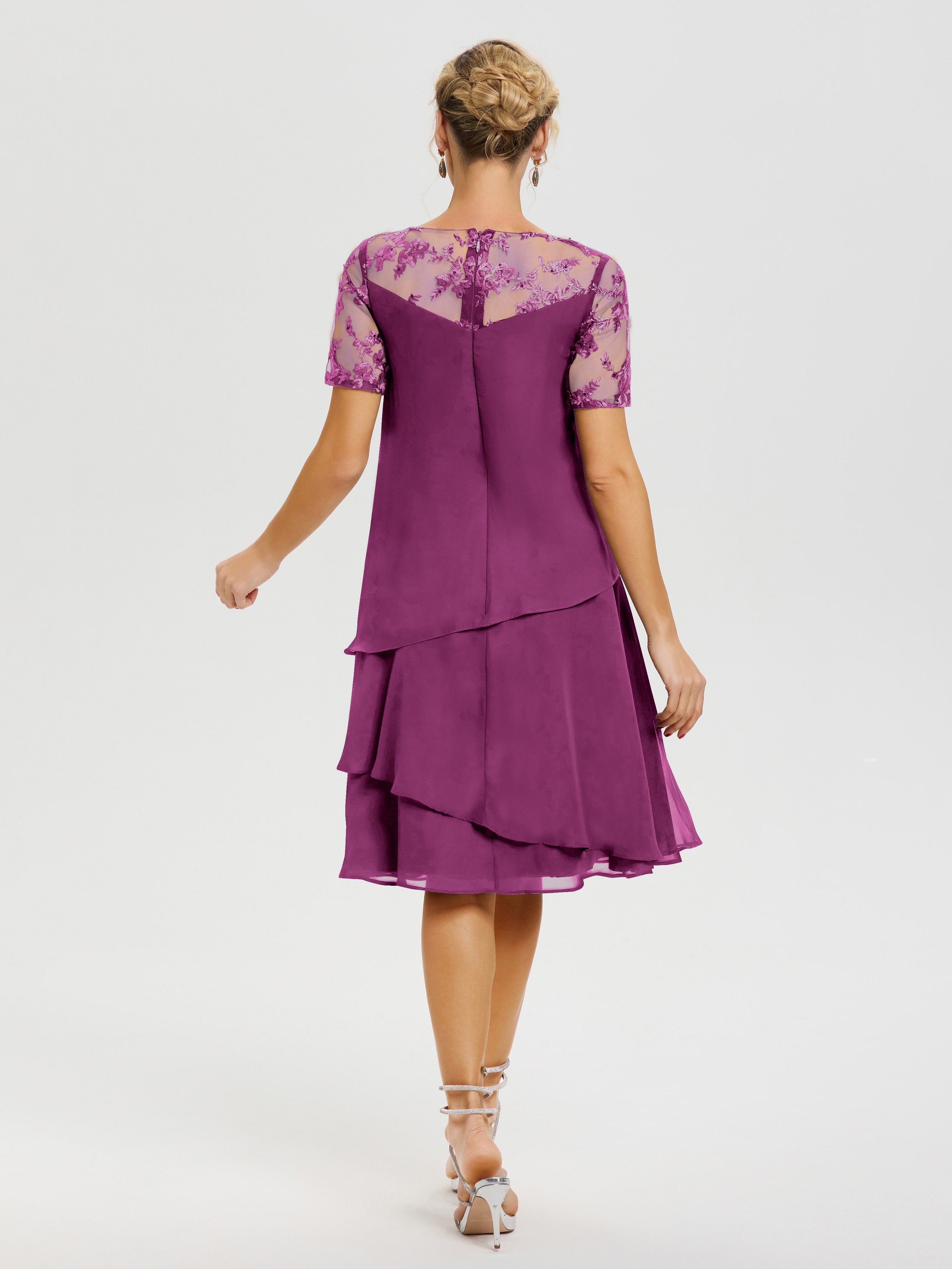 Robe De La Mère Du Marié Orchidée Col Rond Mancherons Mousseline & Dentelle Robe De Cérémonie Mère Du Marié
