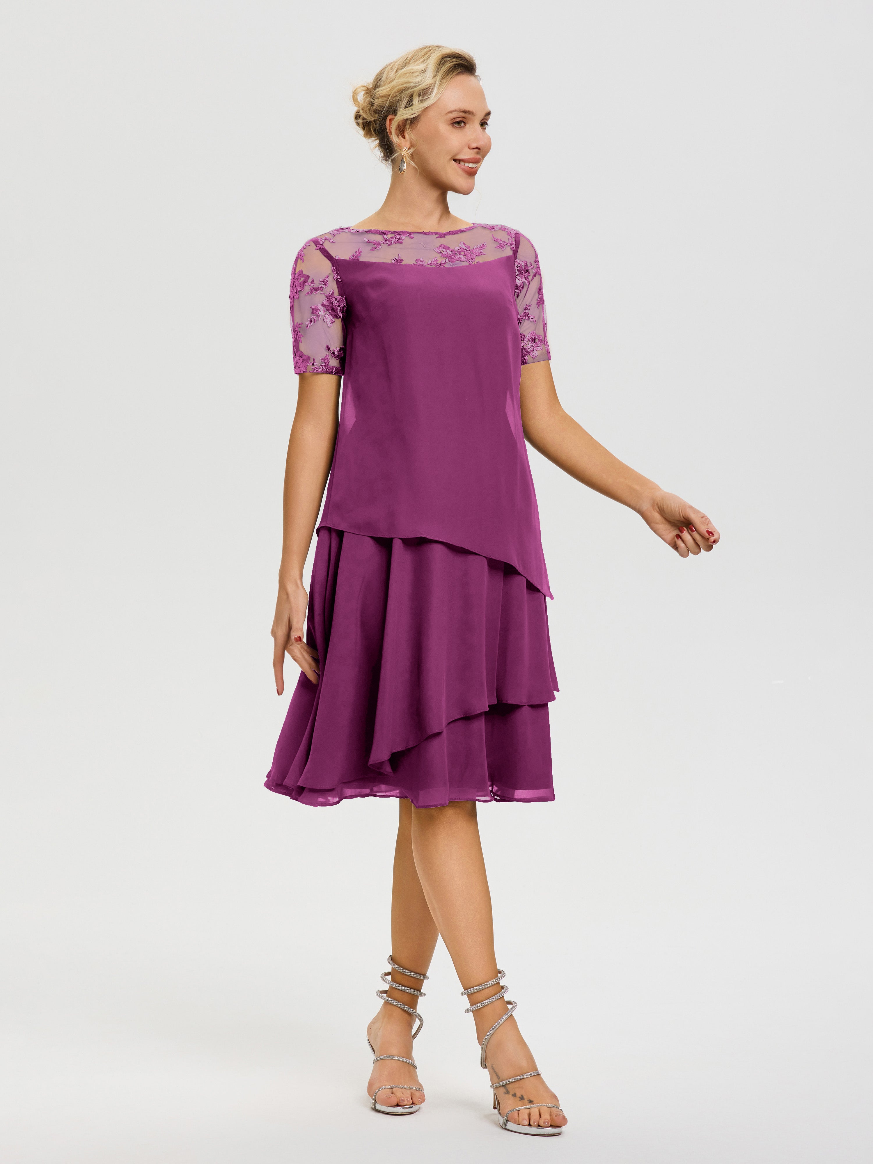 Robe De La Mère Du Marié Orchidée Col Rond Mancherons Mousseline & Dentelle Robe De Cérémonie Mère Du Marié
