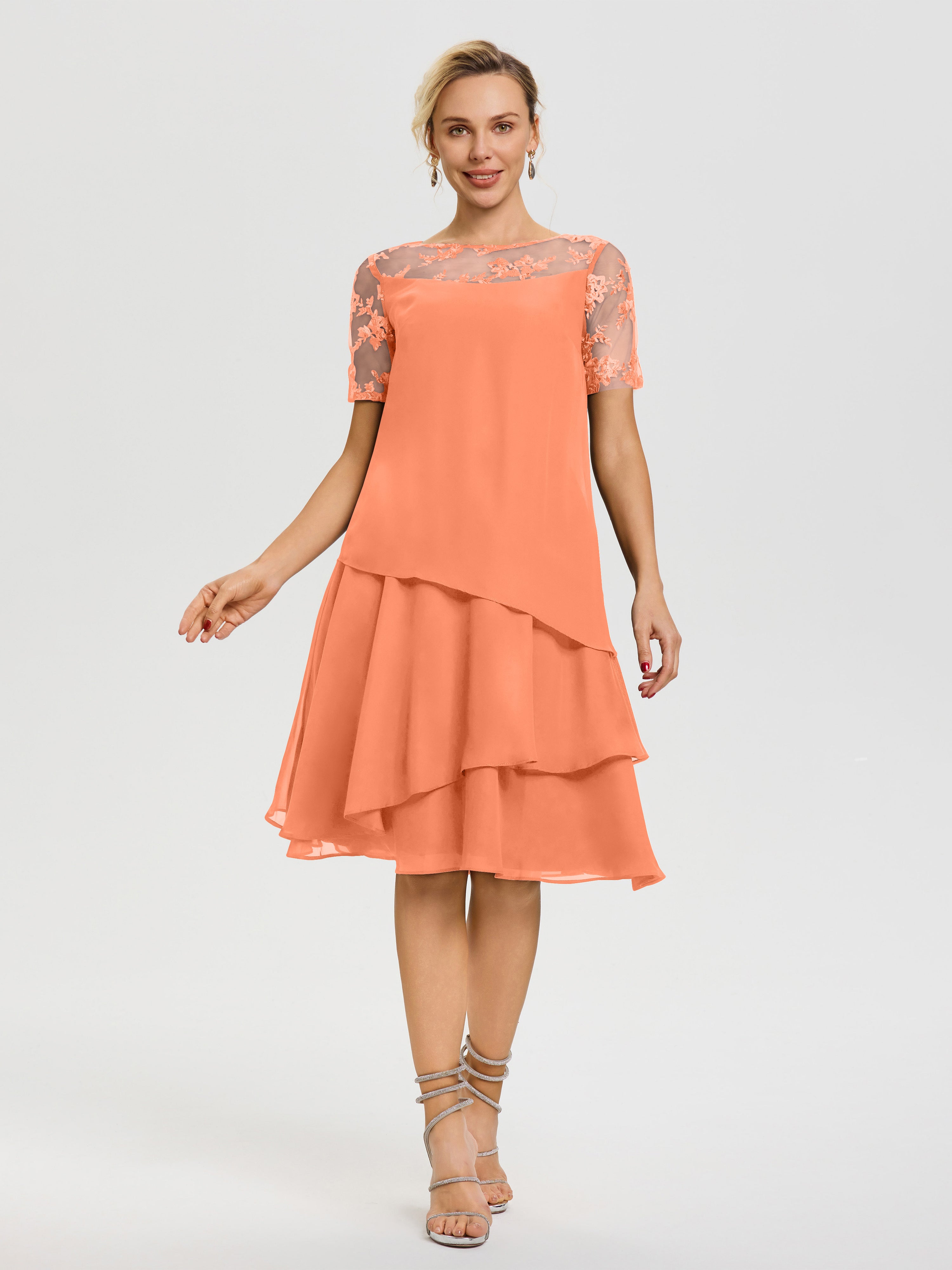 Robe De La Mère Du Marié Papaye Col Rond Mancherons Mousseline & Dentelle Robe De Cérémonie Mère Du Marié