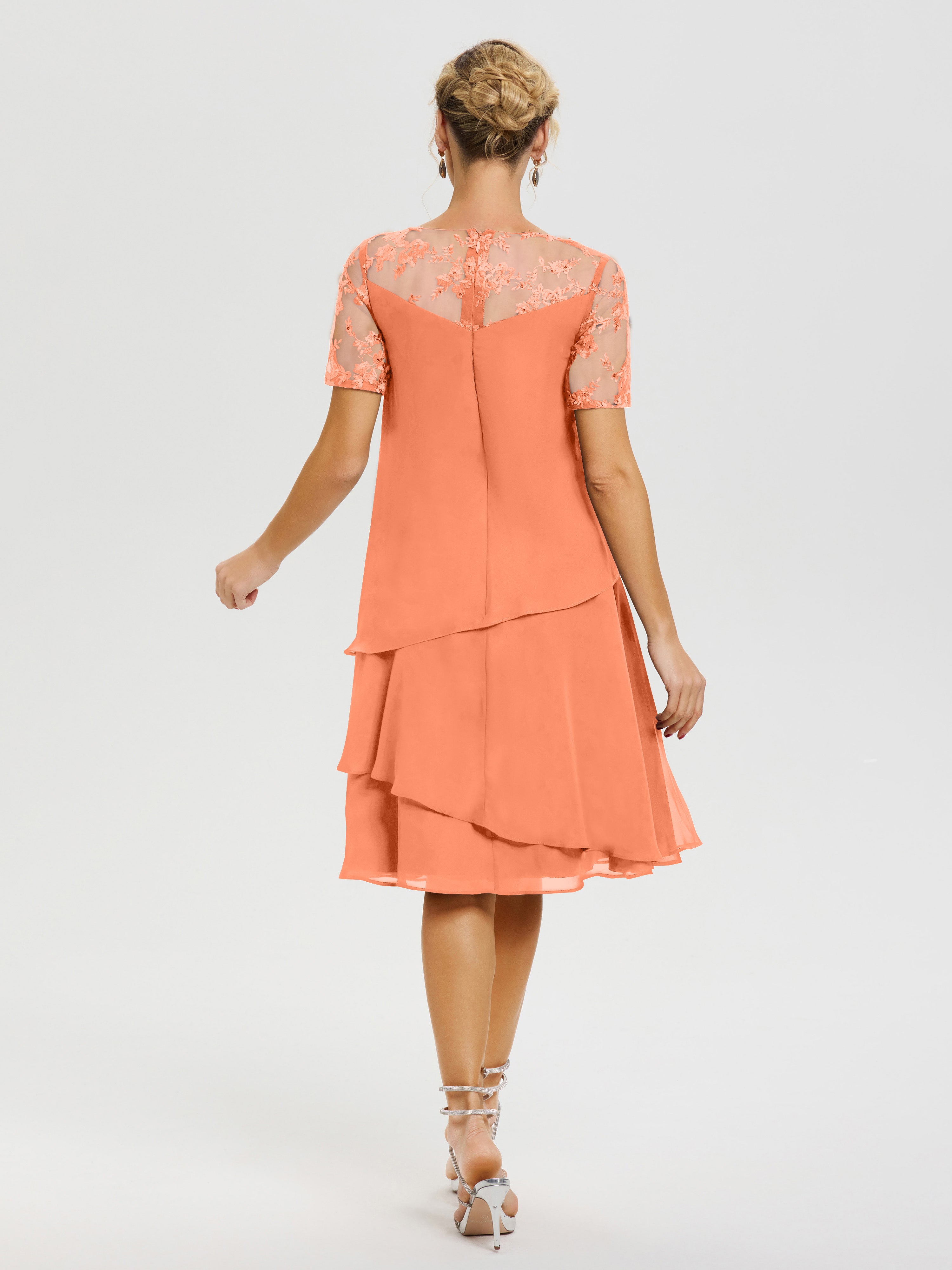 Robe De La Mère Du Marié Papaye Col Rond Mancherons Mousseline & Dentelle Robe De Cérémonie Mère Du Marié