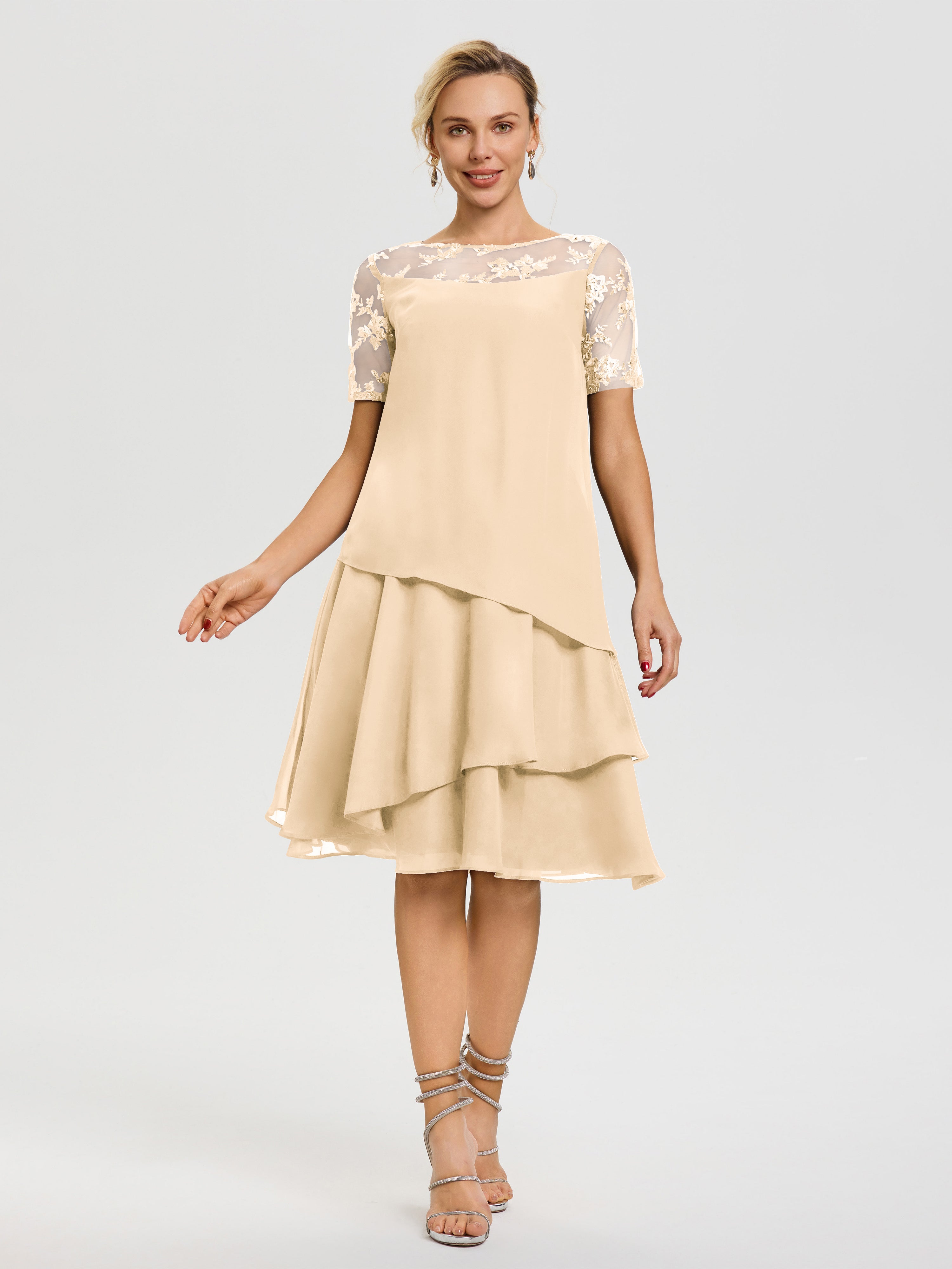 Robes Mères De La Mariée Peche Col Rond Mancherons Mousseline & Dentelle Robe De Cérémonie Mère Du Marié