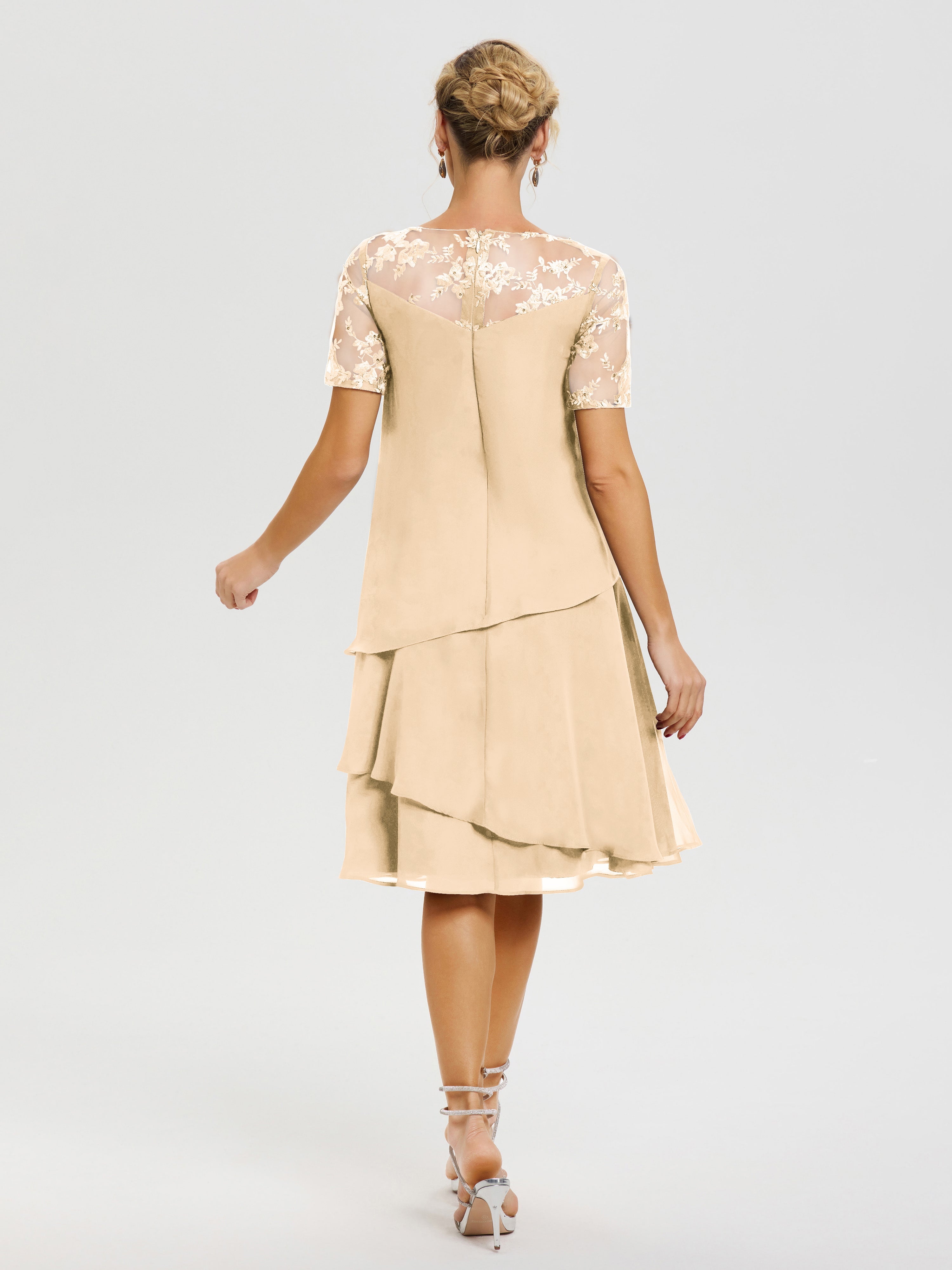 Robes Mères De La Mariée Peche Col Rond Mancherons Mousseline & Dentelle Robe De Cérémonie Mère Du Marié