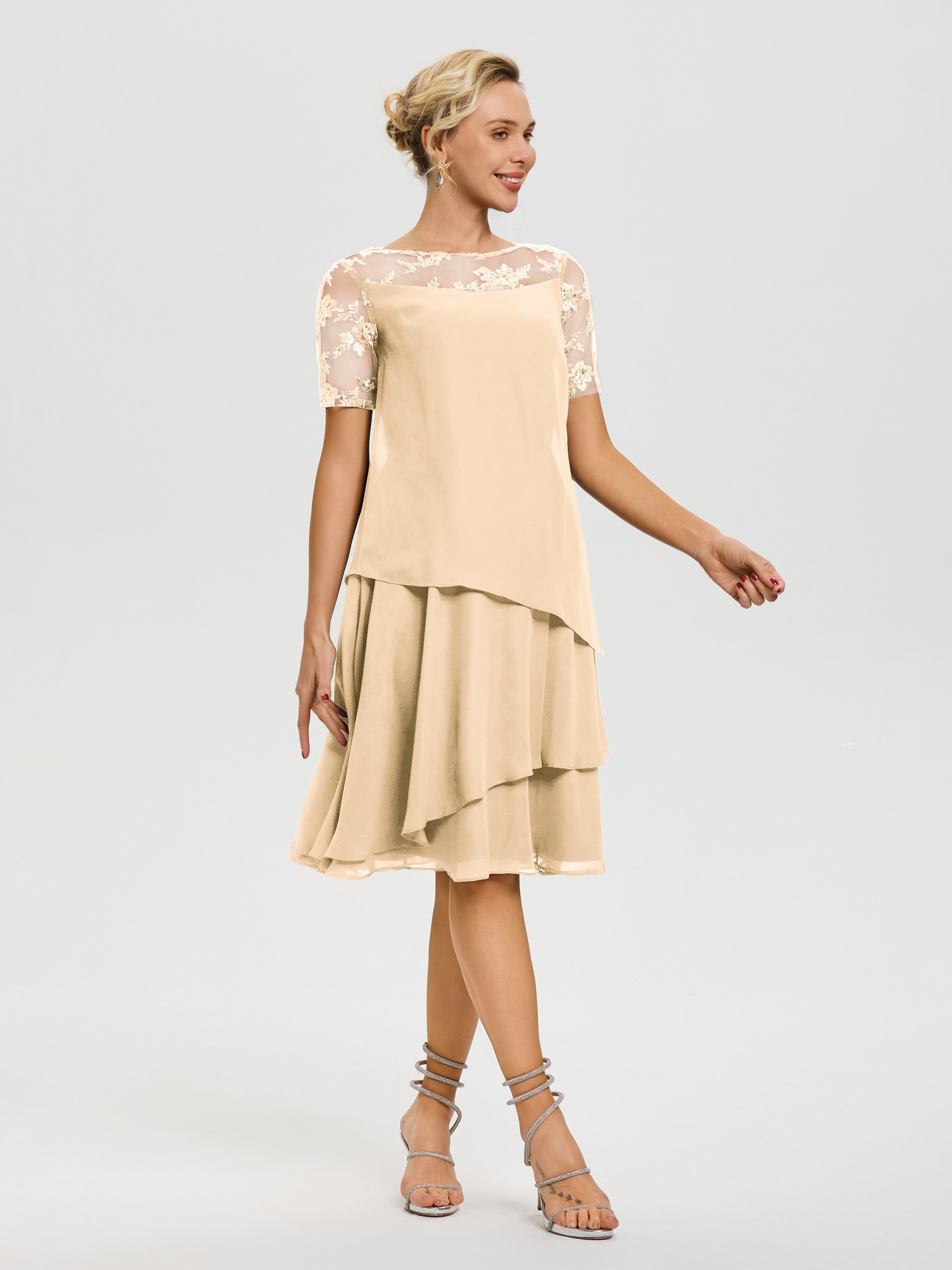 Robes Mères De La Mariée Peche Col Rond Mancherons Mousseline & Dentelle Robe De Cérémonie Mère Du Marié