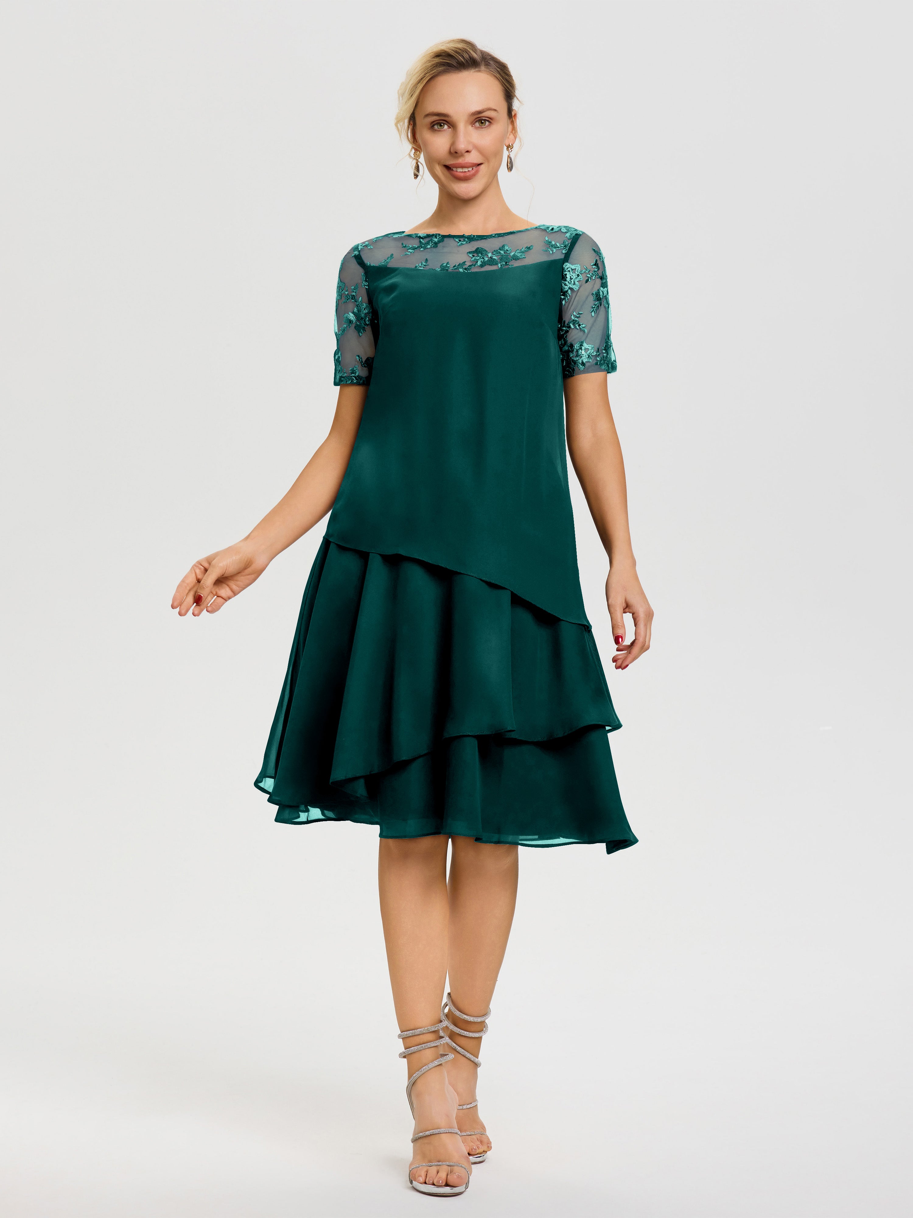 Robe De La Mère Du Marié Paon Col Rond Mancherons Mousseline & Dentelle Robe De Cérémonie Mère Du Marié