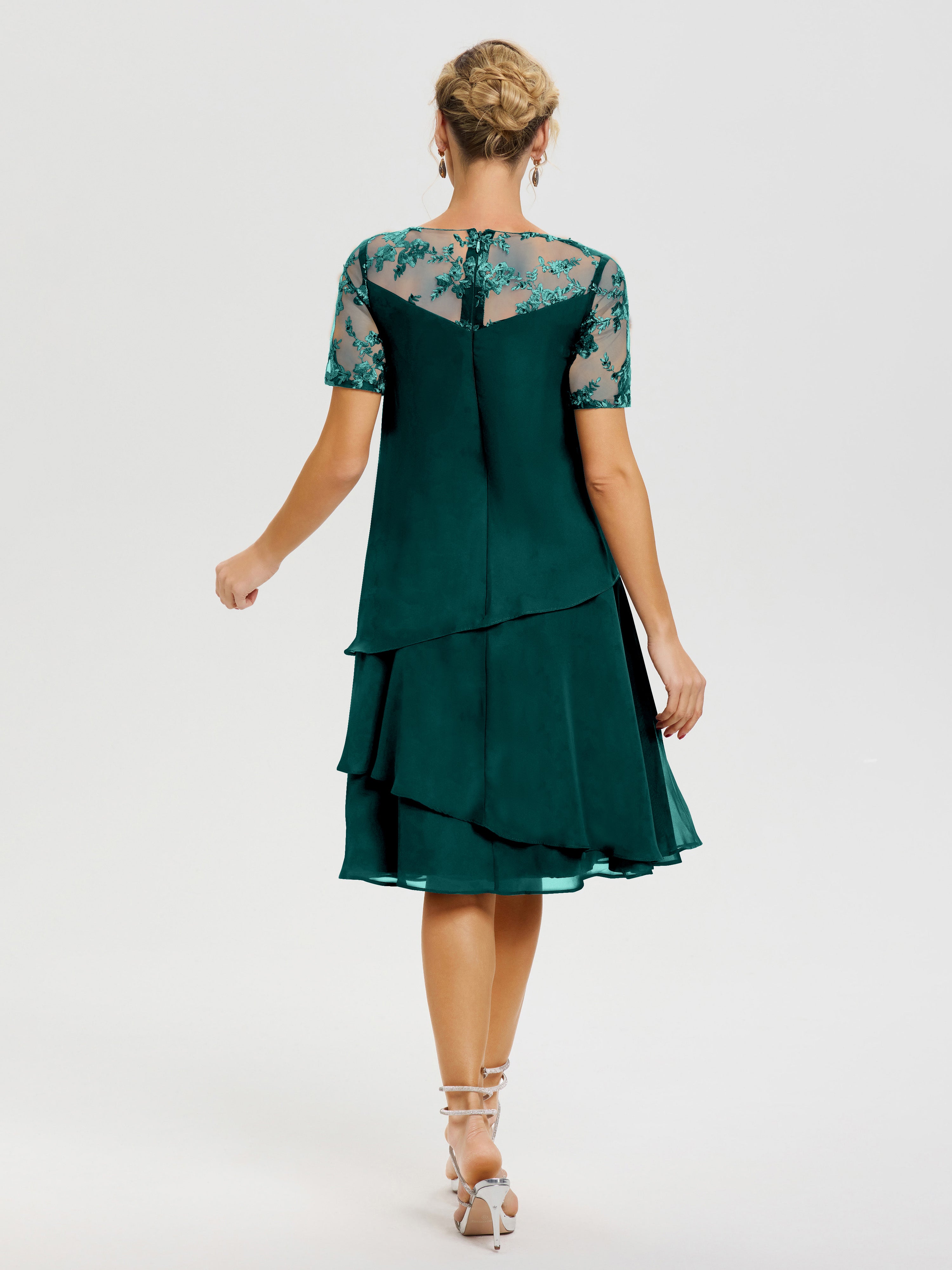 Robe De La Mère Du Marié Paon Col Rond Mancherons Mousseline & Dentelle Robe De Cérémonie Mère Du Marié