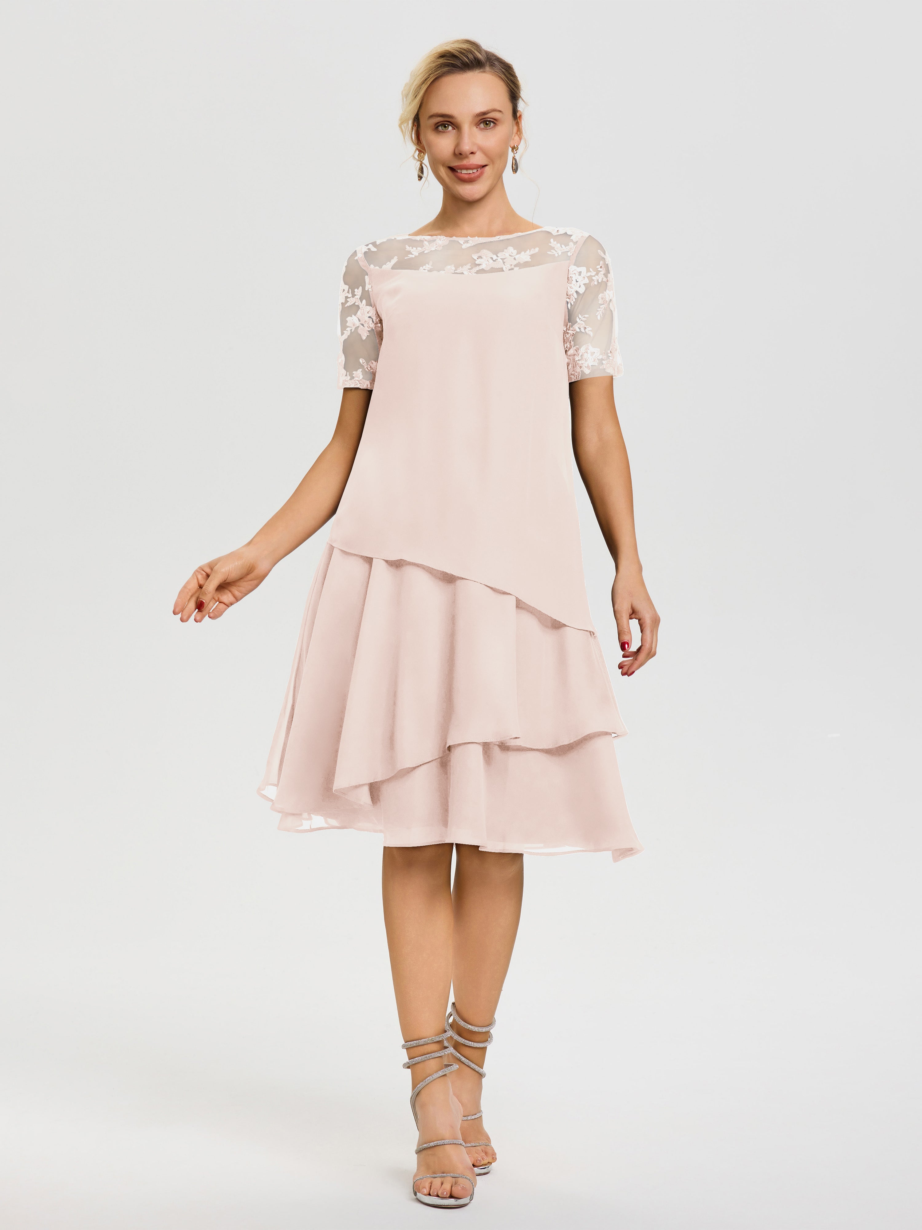 Robe De La Mère Du Marié Rose Perle Col Rond Mancherons Mousseline & Dentelle Robe De Cérémonie Mère Du Marié