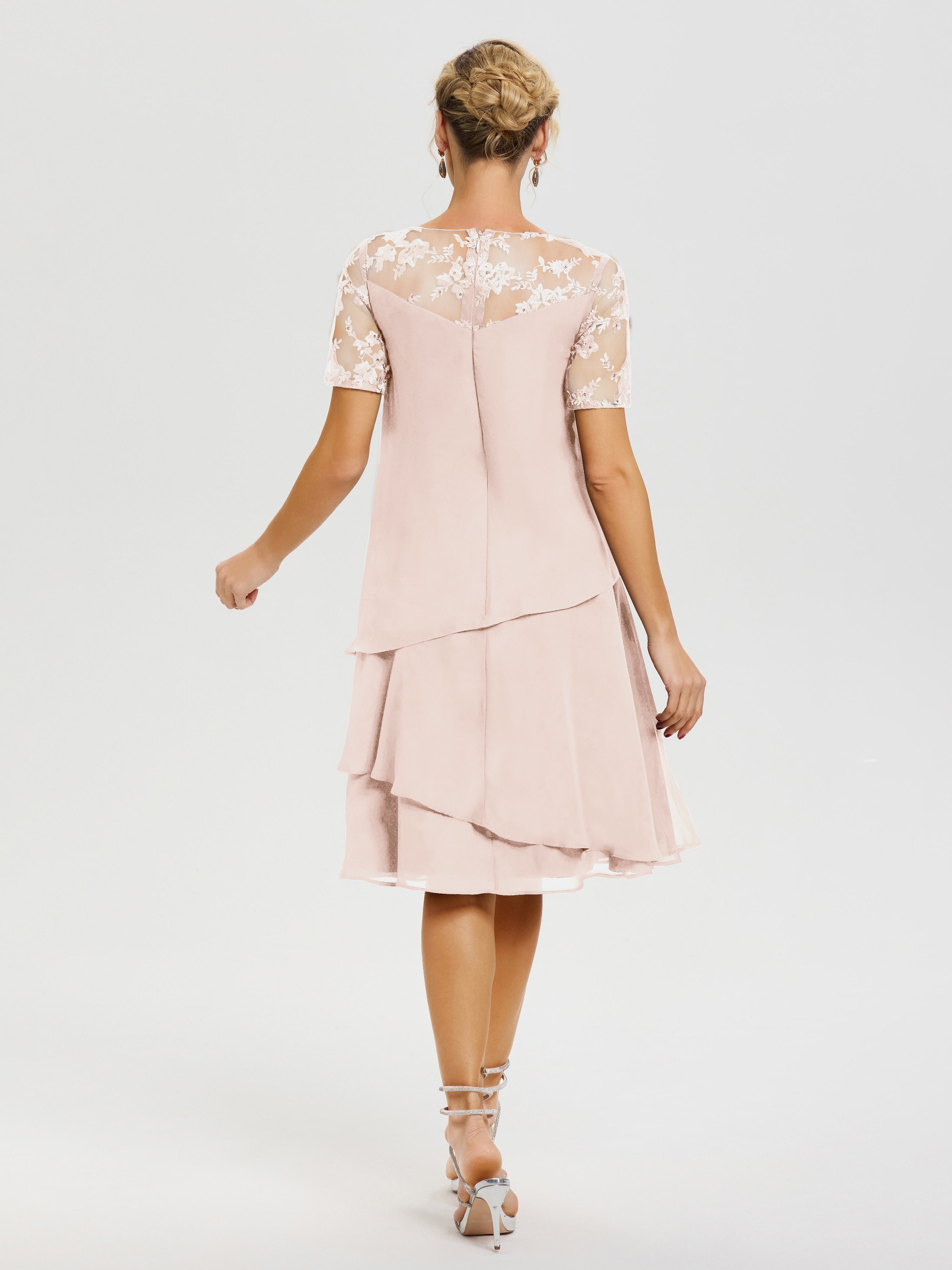 Robe De La Mère Du Marié Rose Perle Col Rond Mancherons Mousseline & Dentelle Robe De Cérémonie Mère Du Marié