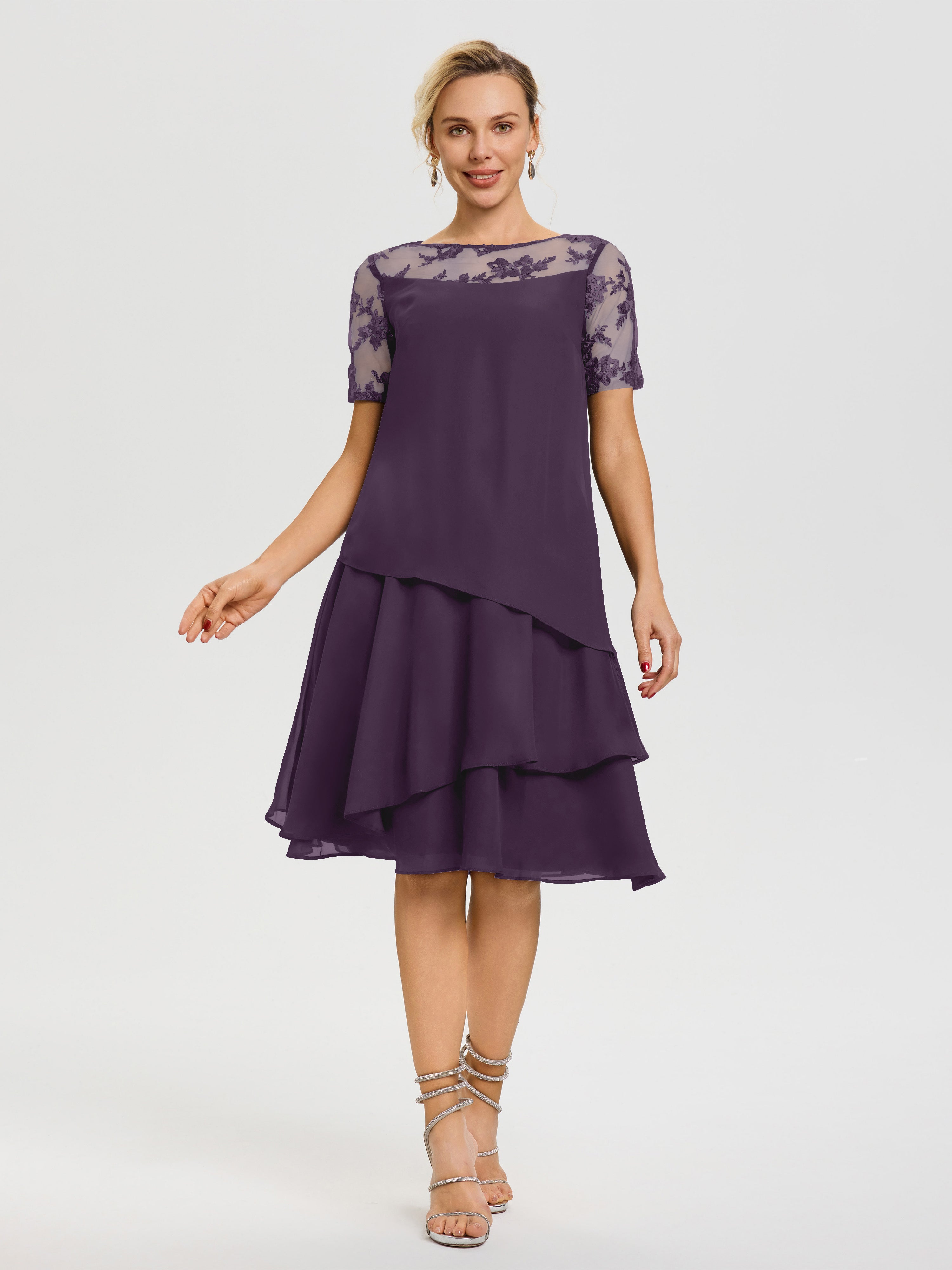 Robe De La Mère Du Marié Plum Col Rond Mancherons Mousseline & Dentelle Robe De Cérémonie Mère Du Marié
