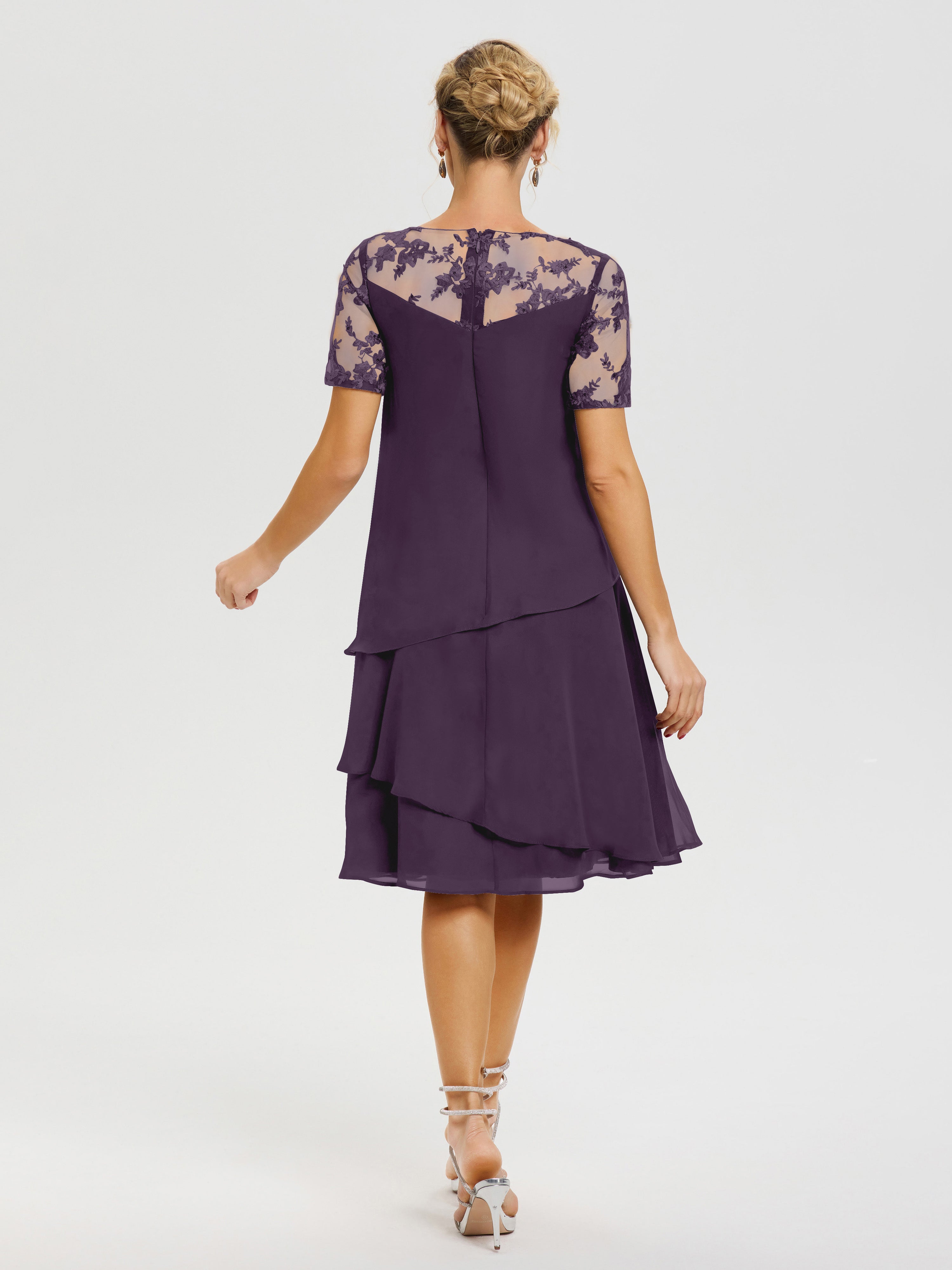 Robe De La Mère Du Marié Plum Col Rond Mancherons Mousseline & Dentelle Robe De Cérémonie Mère Du Marié