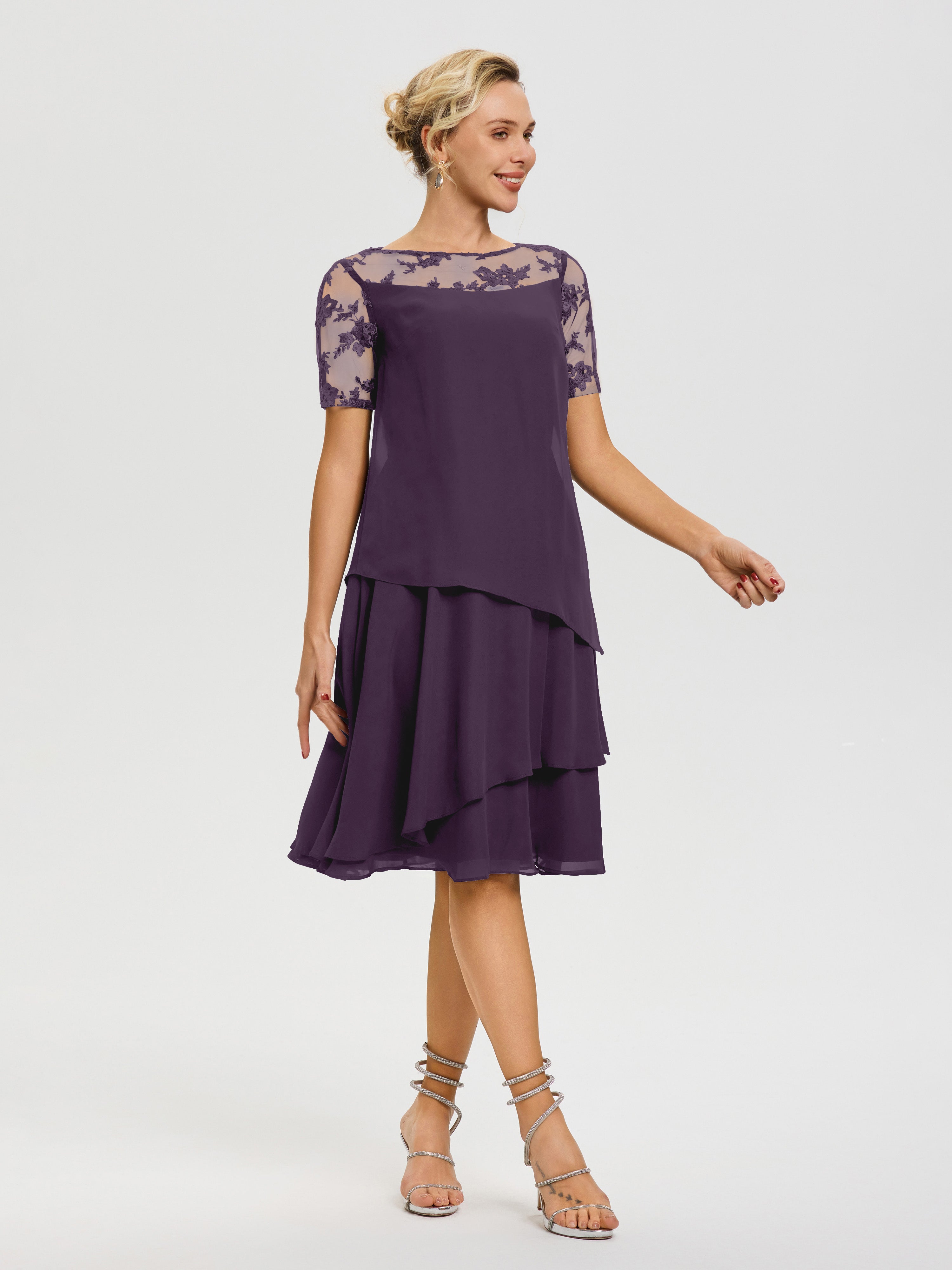 Robe De La Mère Du Marié Plum Col Rond Mancherons Mousseline & Dentelle Robe De Cérémonie Mère Du Marié