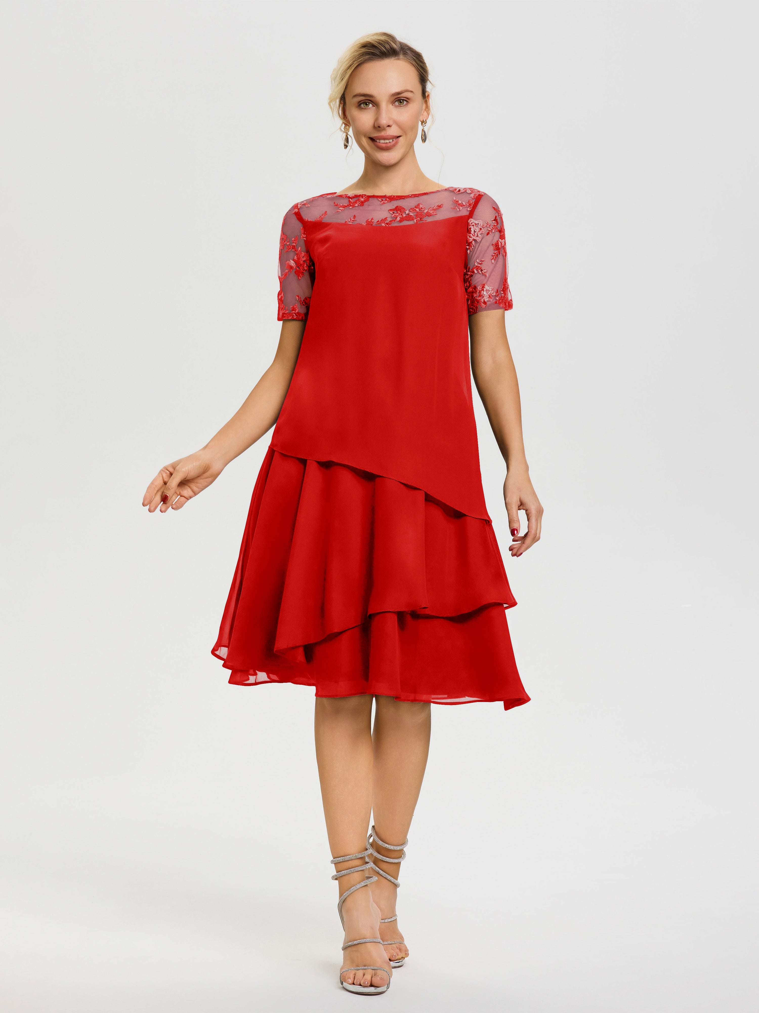 Robe De La Mère Du Marié Rouge Col Rond Mancherons Mousseline & Dentelle Robe De Cérémonie Mère Du Marié