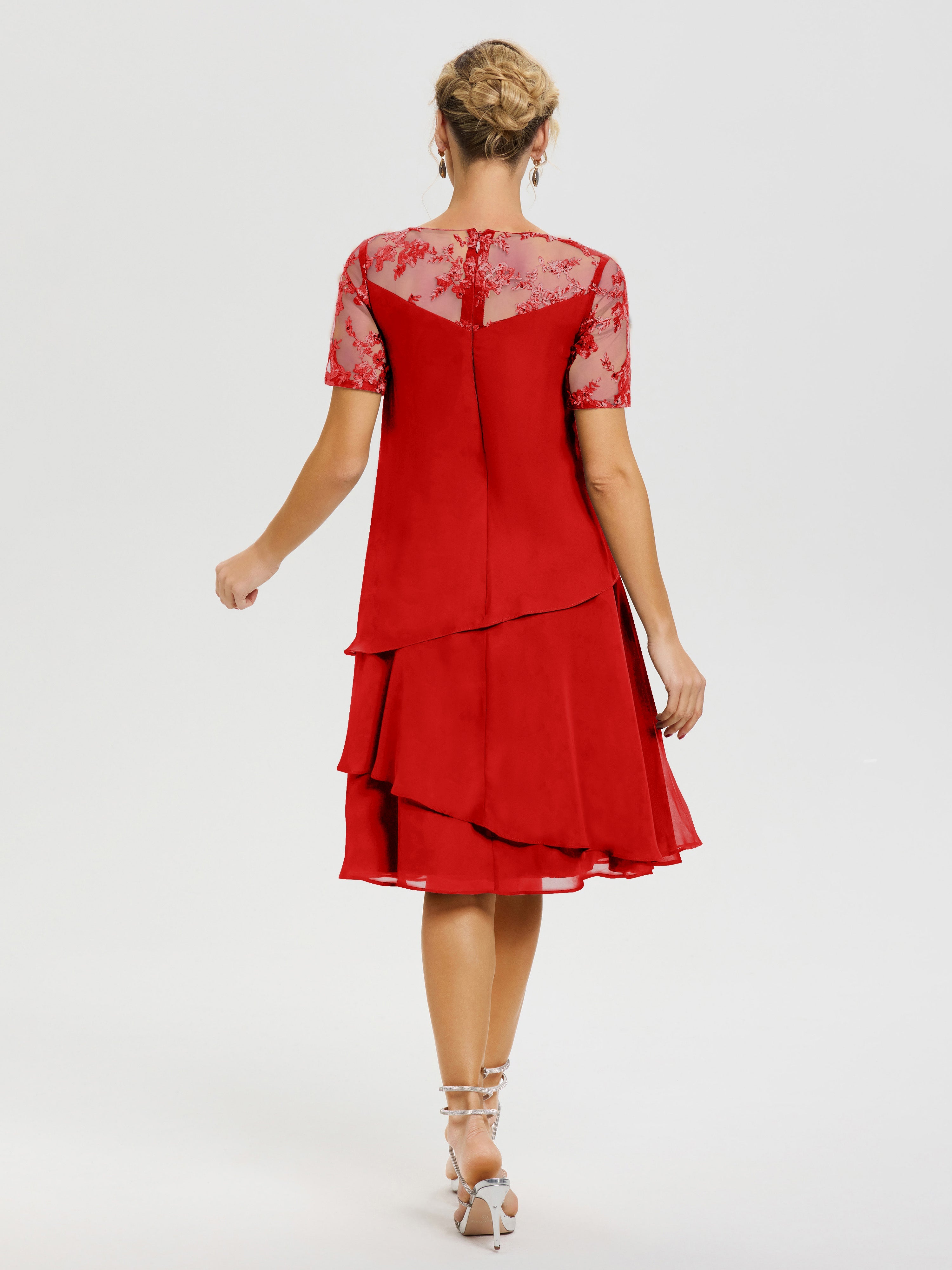 Robe De La Mère Du Marié Rouge Col Rond Mancherons Mousseline & Dentelle Robe De Cérémonie Mère Du Marié