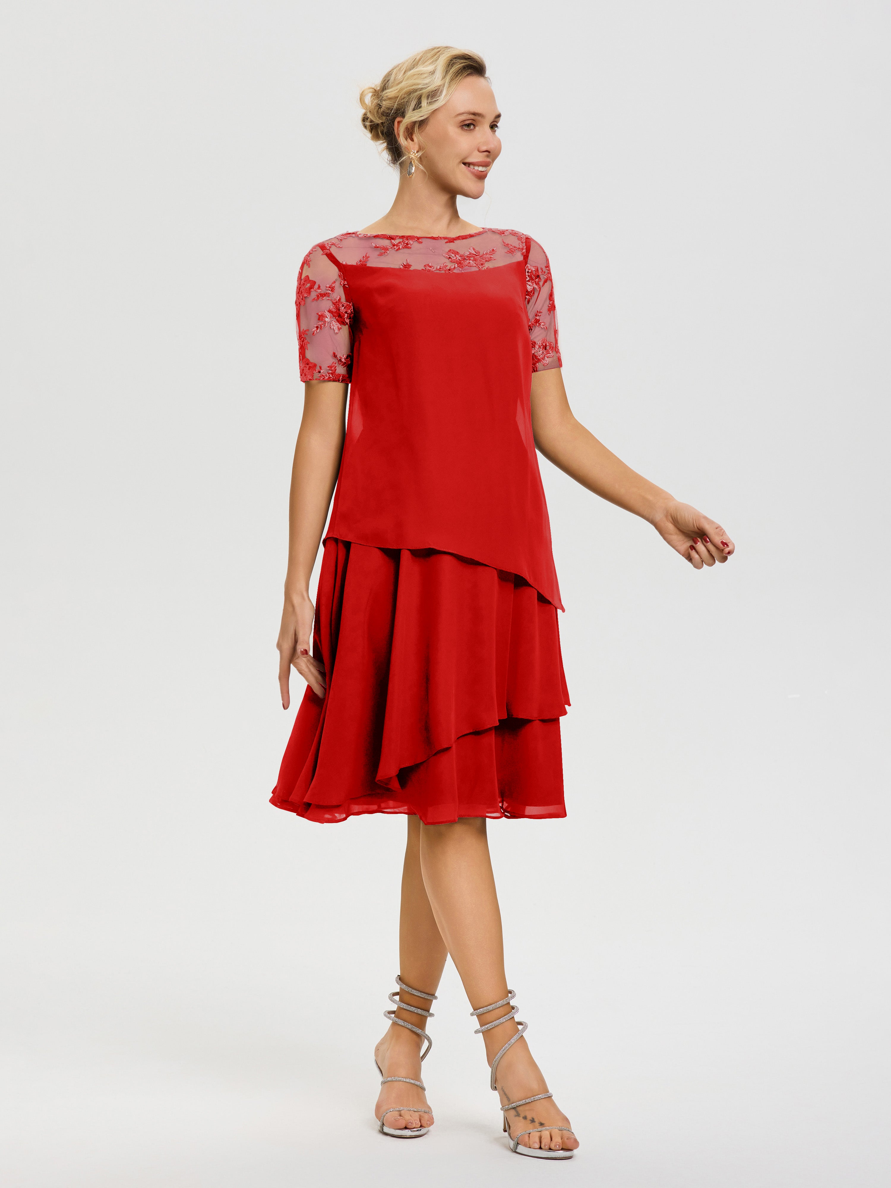 Robe De La Mère Du Marié Rouge Col Rond Mancherons Mousseline & Dentelle Robe De Cérémonie Mère Du Marié