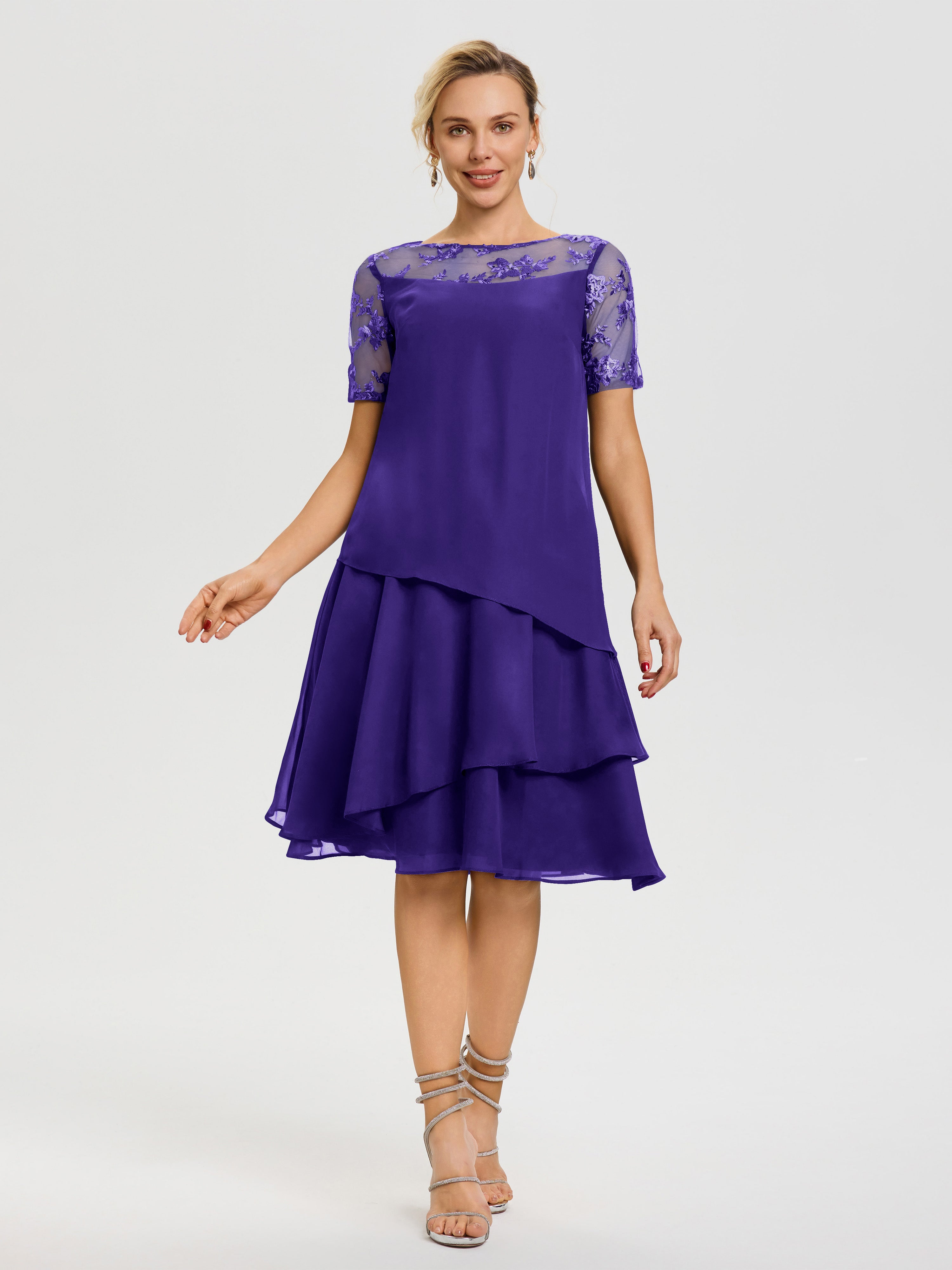 Robe De La Mère Du Marié Régence Col Rond Mancherons Mousseline & Dentelle Robe De Cérémonie Mère Du Marié