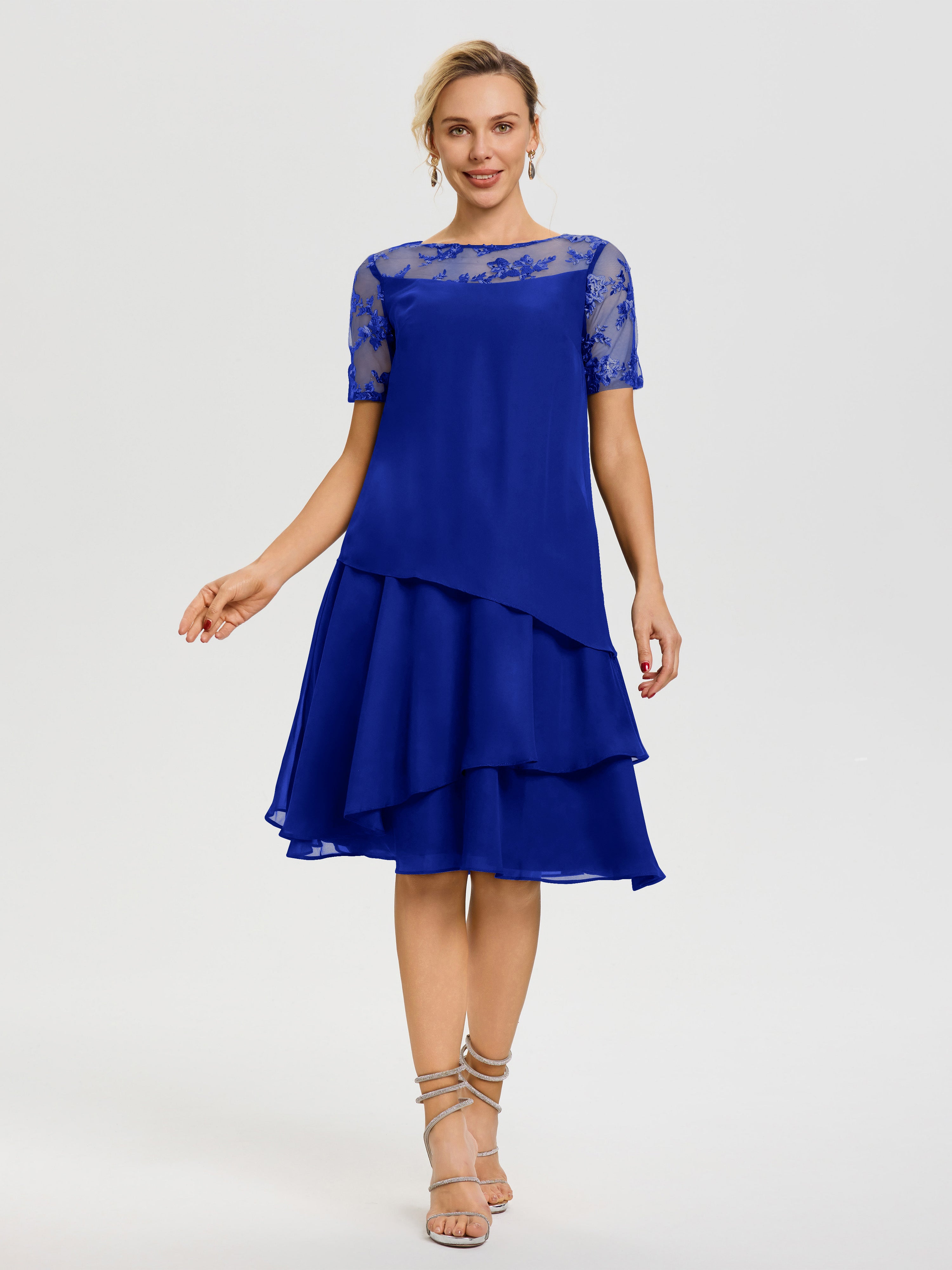 Cicinia Robe Mère De La Mariée Bleu Royale Col Rond Mancherons Mousseline & Dentelle Robe De Cérémonie Mère Du Marié