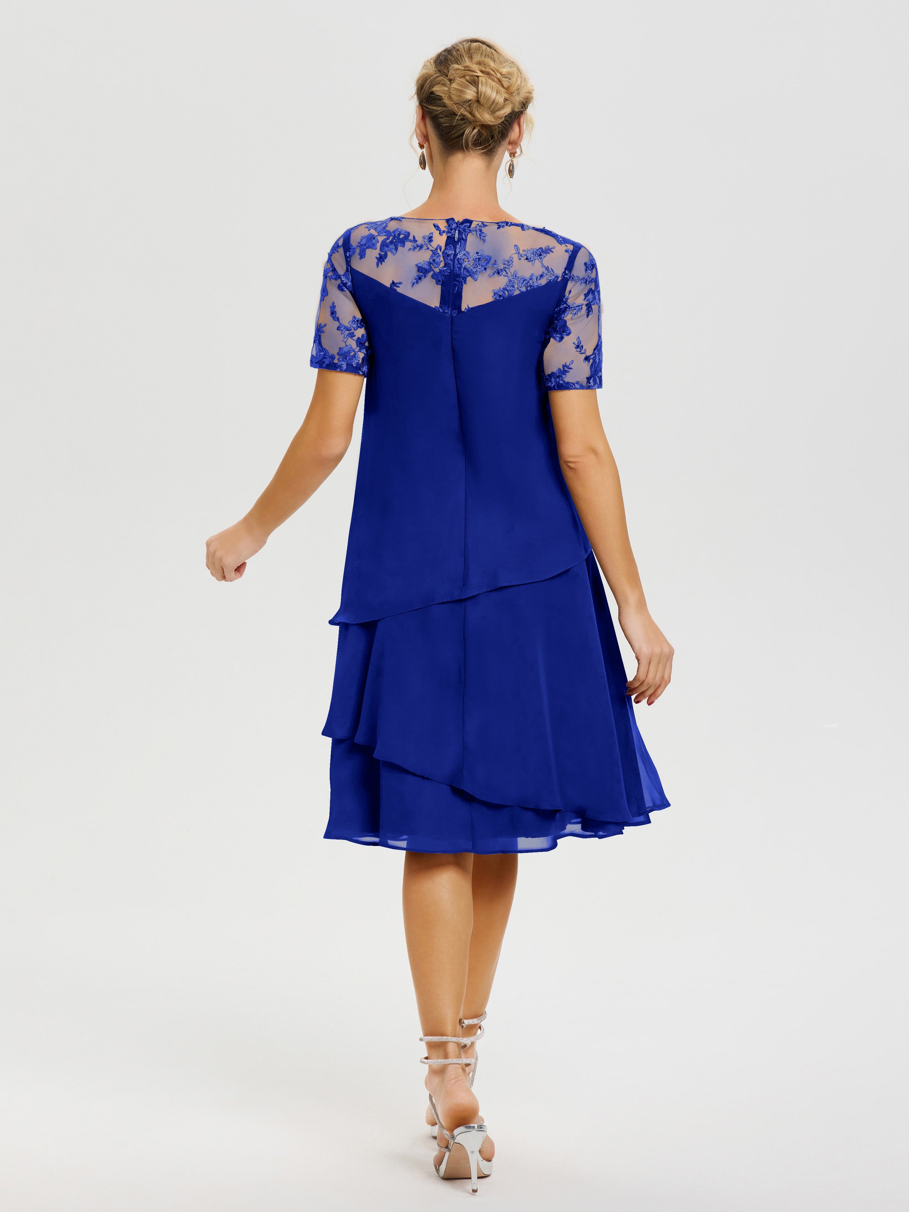 Cicinia Robe Mère De La Mariée Bleu Royale Col Rond Mancherons Mousseline & Dentelle Robe De Cérémonie Mère Du Marié