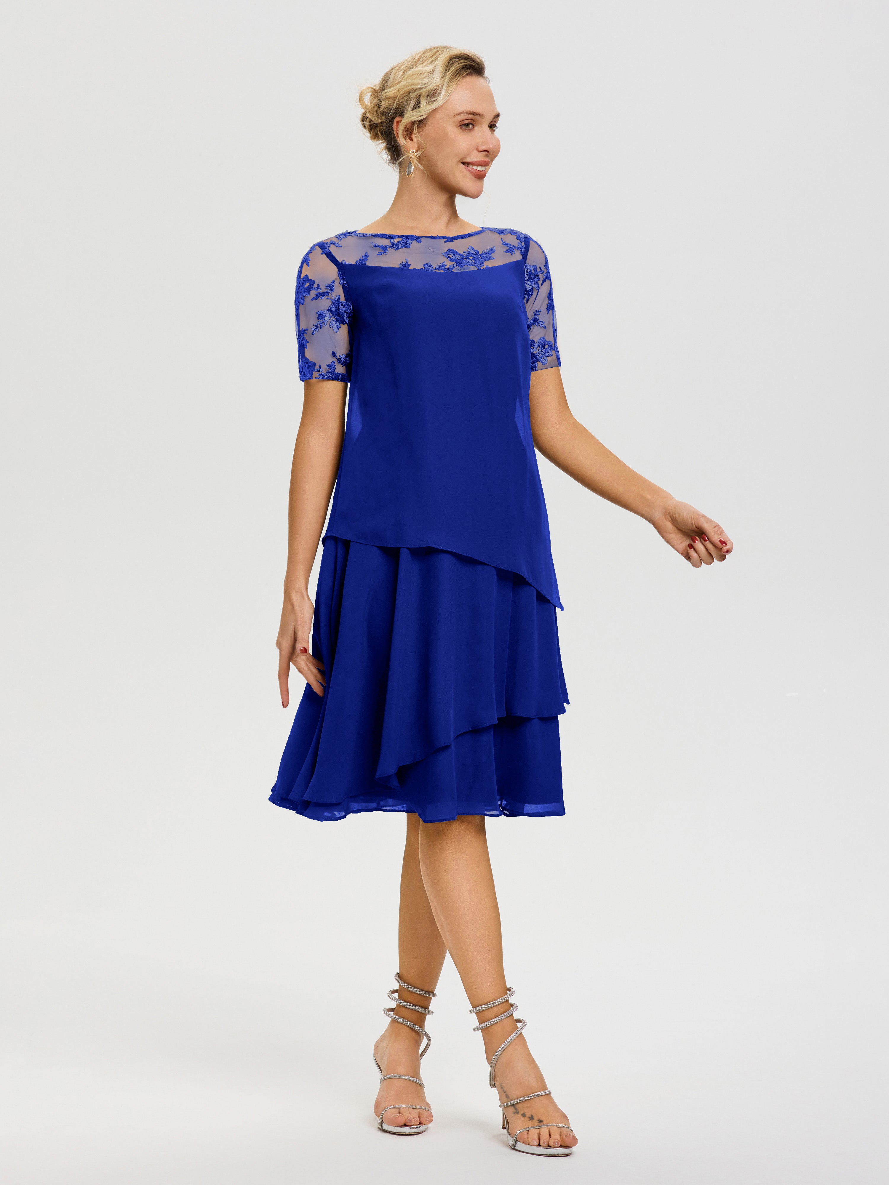 Cicinia Robe Mère De La Mariée Bleu Royale Col Rond Mancherons Mousseline & Dentelle Robe De Cérémonie Mère Du Marié