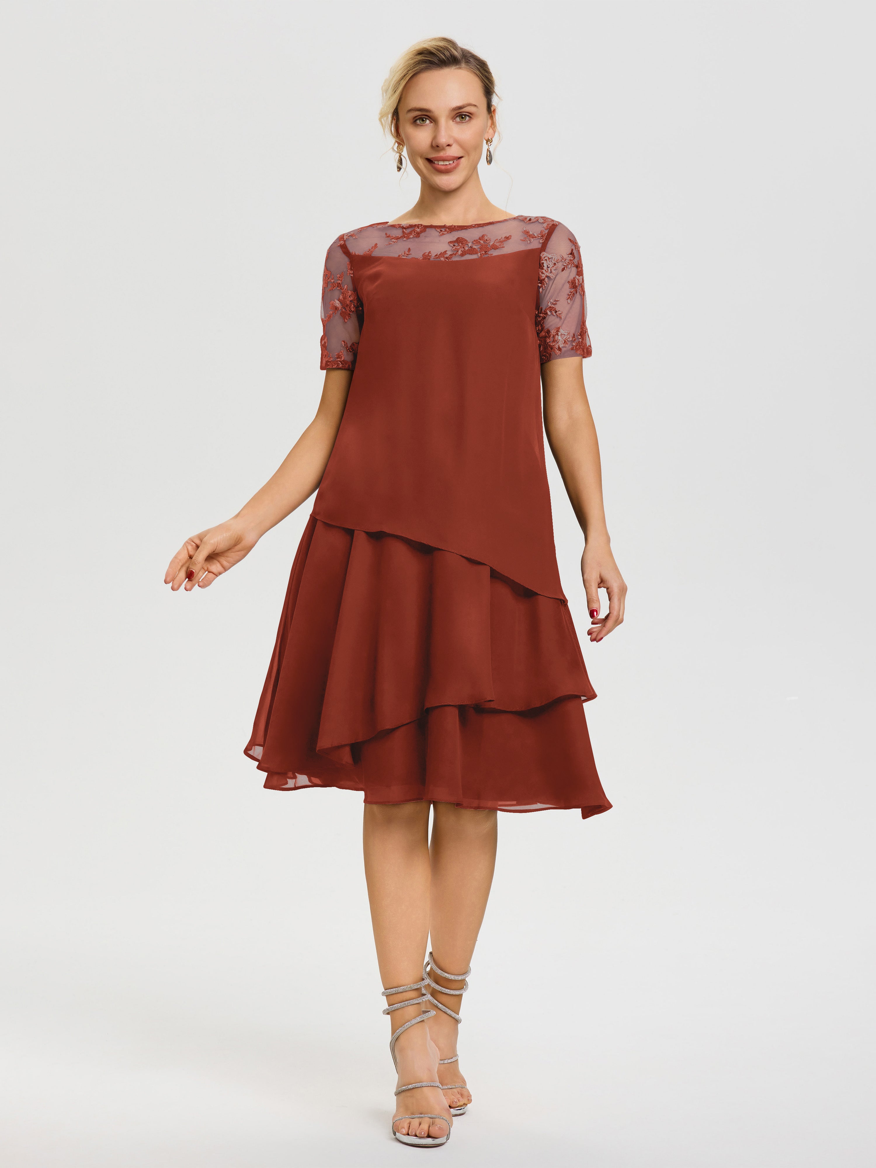 Robe De La Mère Du Marié Rouille Col Rond Mancherons Mousseline & Dentelle Robe De Cérémonie Mère Du Marié