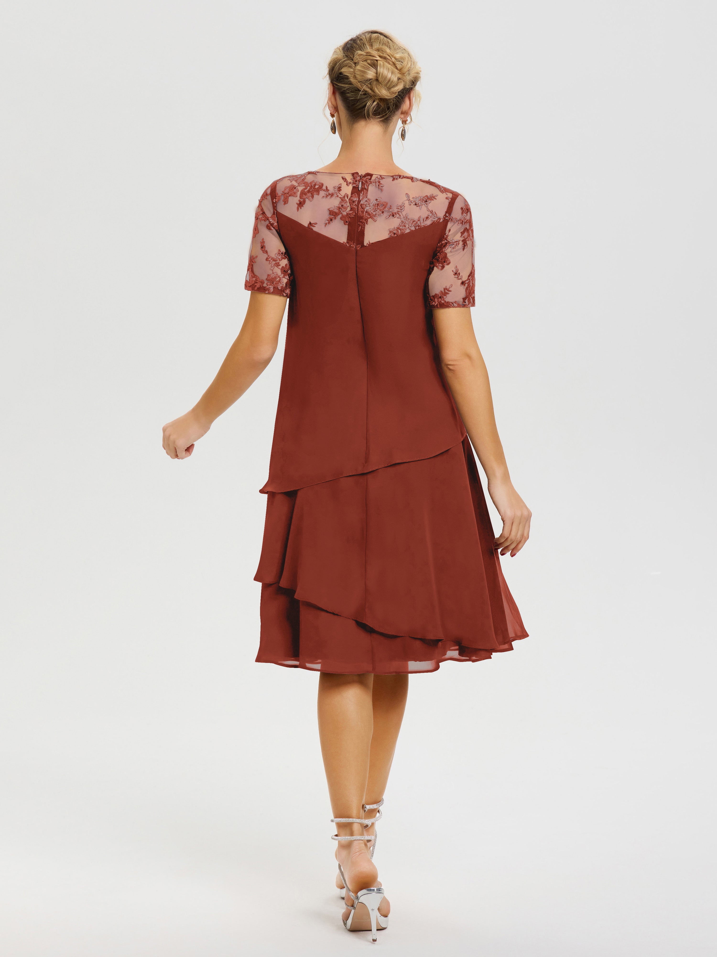 Robe De La Mère Du Marié Rouille Col Rond Mancherons Mousseline & Dentelle Robe De Cérémonie Mère Du Marié