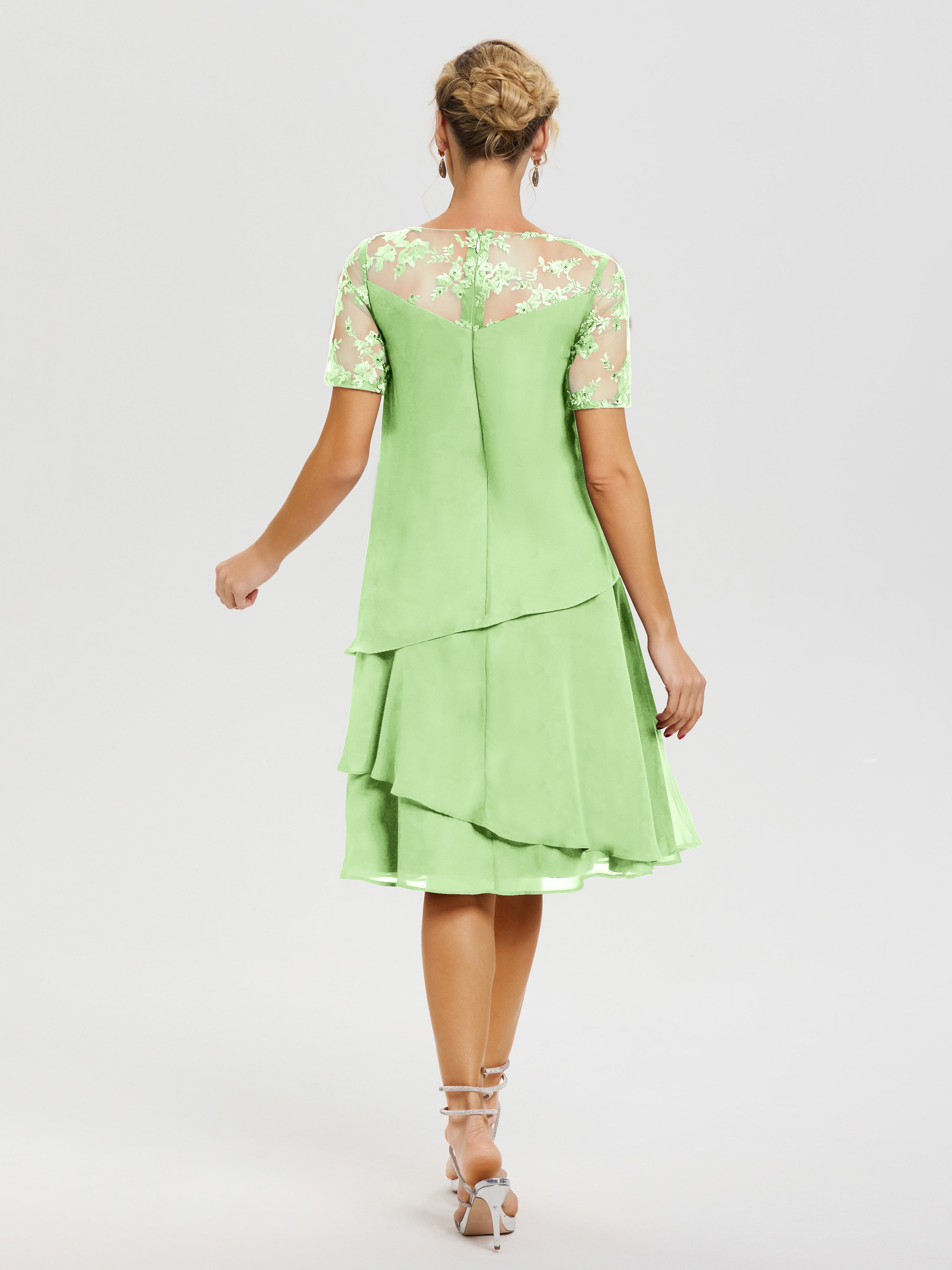 Robes Mères De La Mariée Sauge Col Rond Mancherons Mousseline & Dentelle Robe De Cérémonie Mère Du Marié