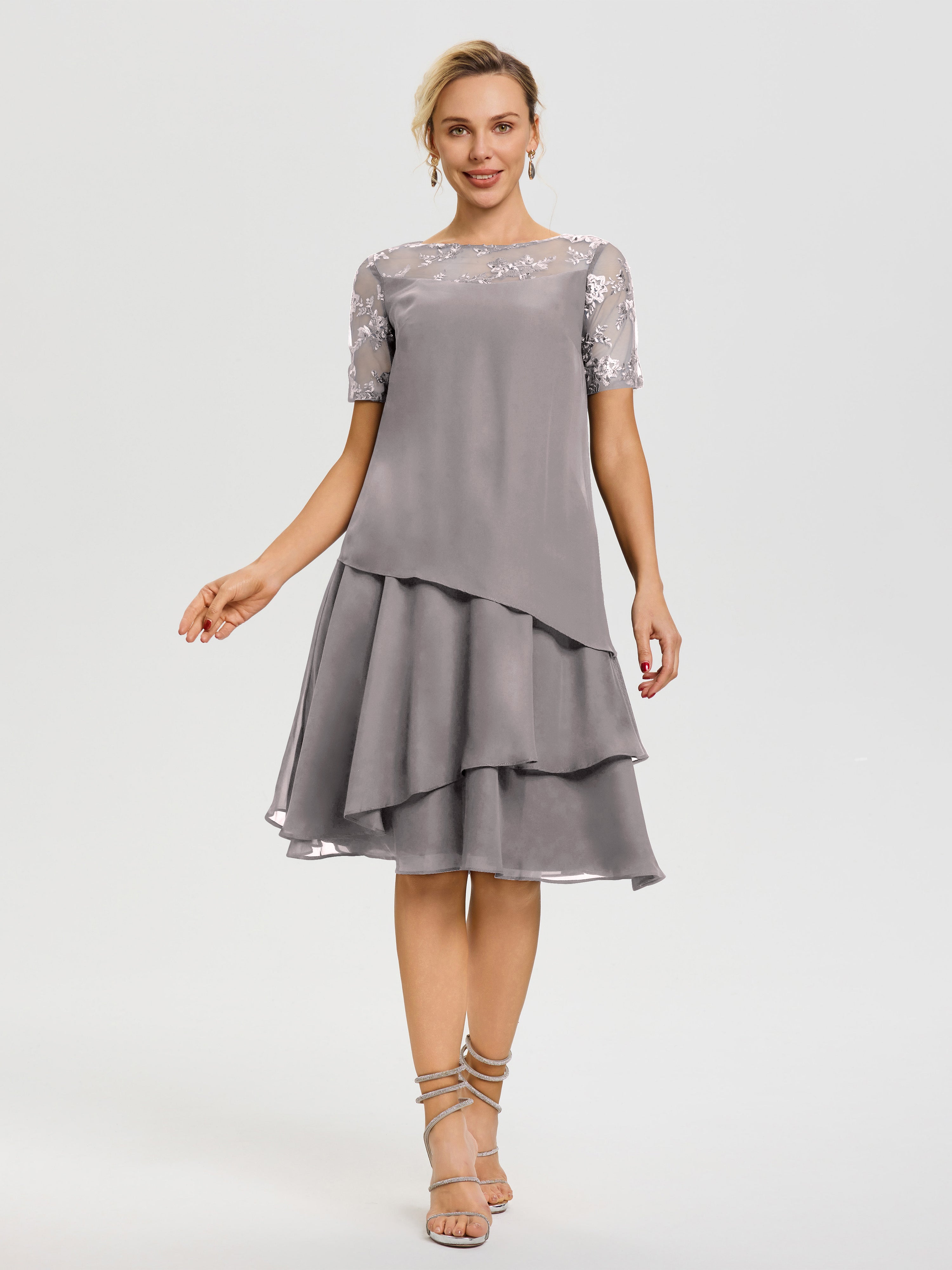 Cicinia Robe Mère De La Mariée Argent Col Rond Mancherons Mousseline & Dentelle Robe De Cérémonie Mère Du Marié