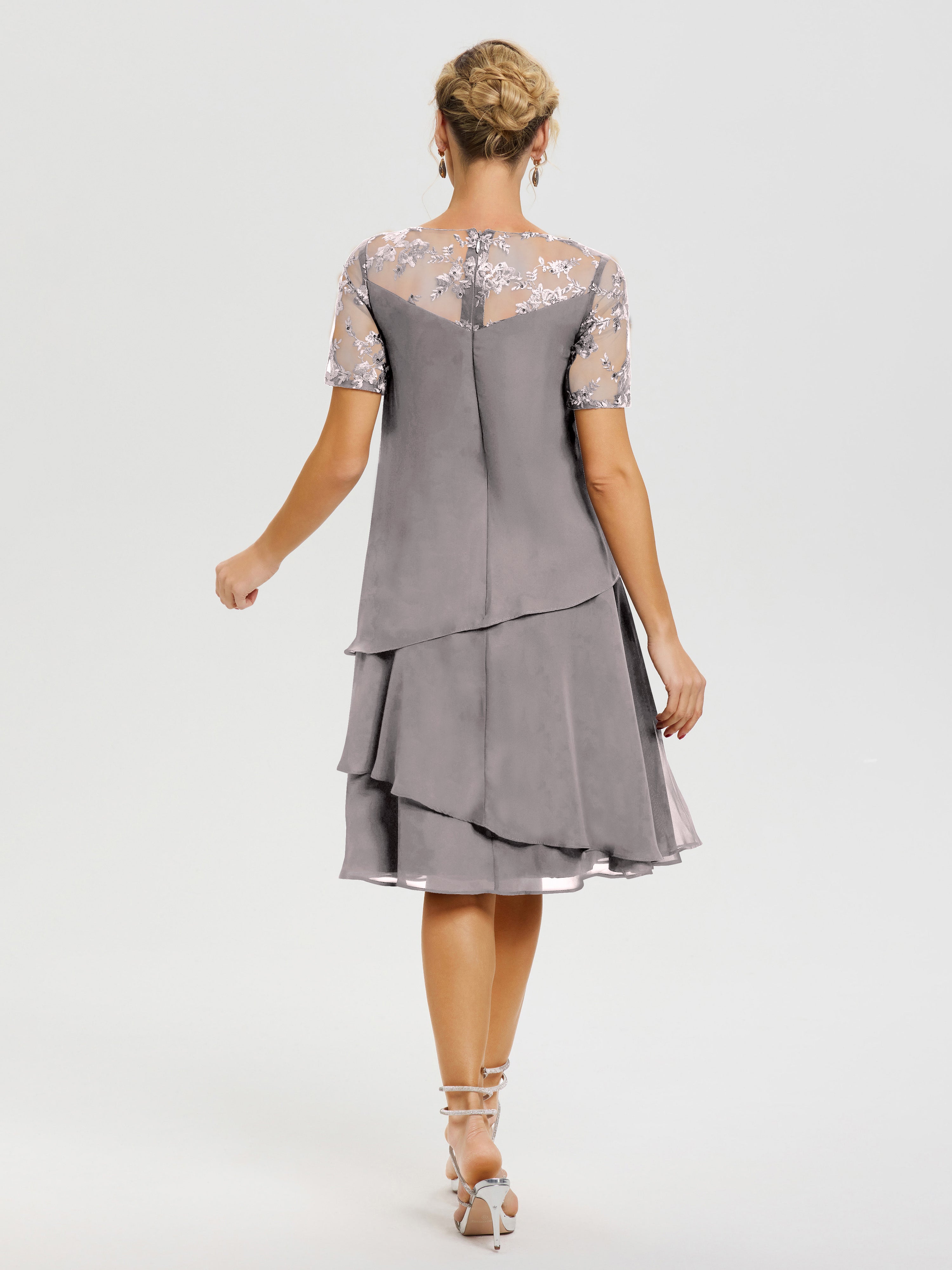 Cicinia Robe Mère De La Mariée Argent Col Rond Mancherons Mousseline & Dentelle Robe De Cérémonie Mère Du Marié