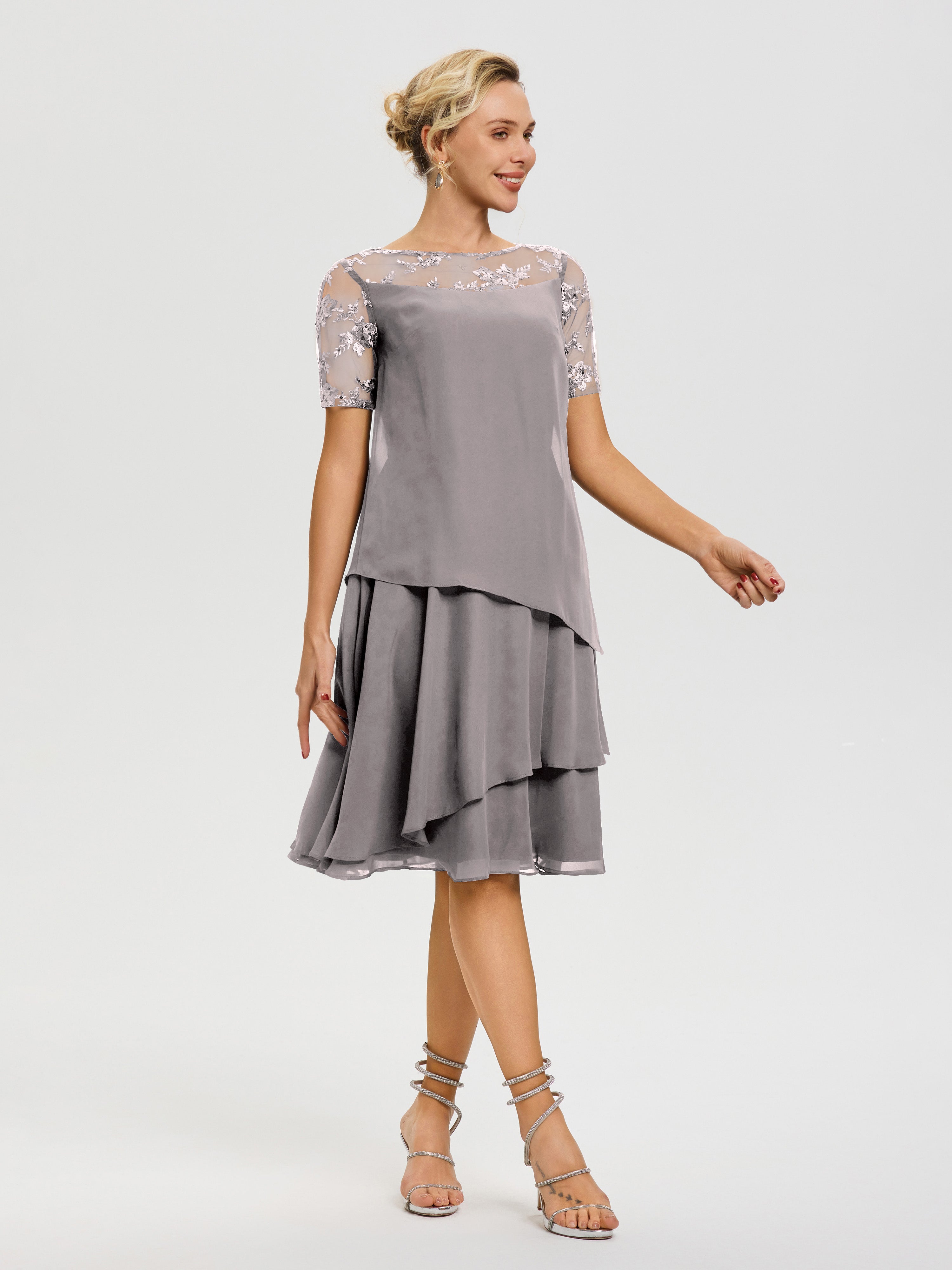 Cicinia Robe Mère De La Mariée Argent Col Rond Mancherons Mousseline & Dentelle Robe De Cérémonie Mère Du Marié