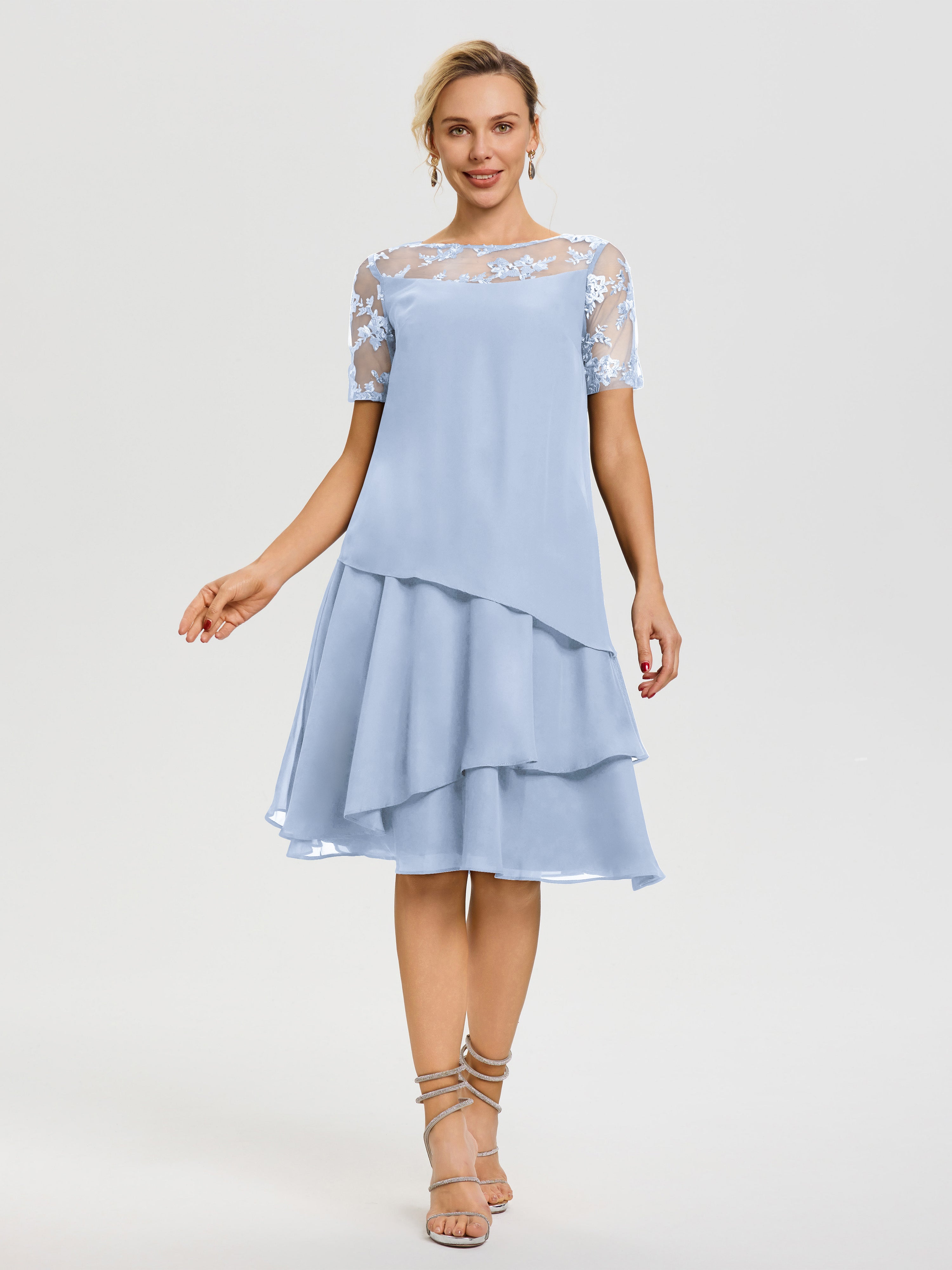 Cicinia Robe Mère De La Mariée Bleu Ciel Col Rond Mancherons Mousseline & Dentelle Robe De Cérémonie Mère Du Marié