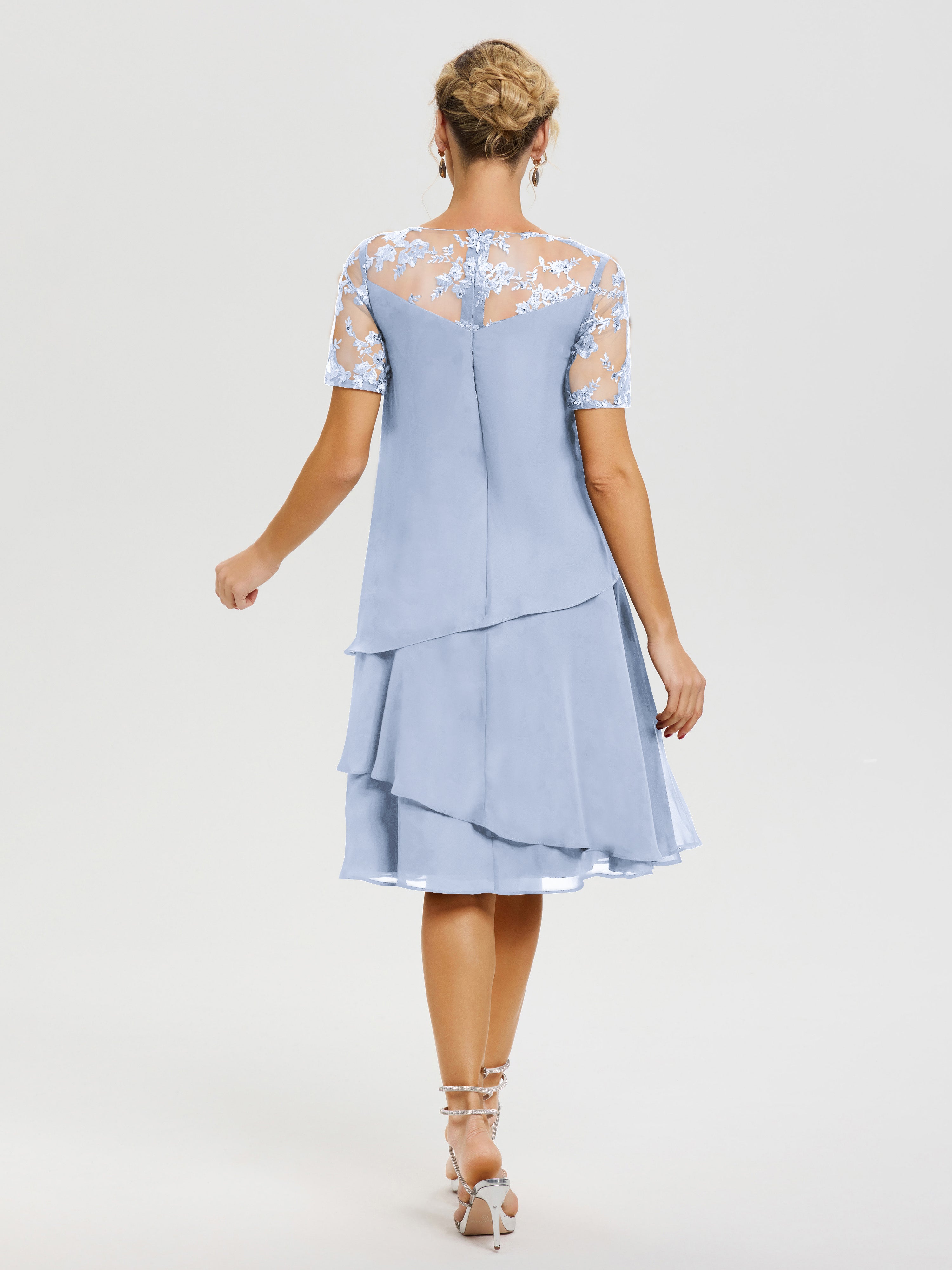 Cicinia Robe Mère De La Mariée Bleu Ciel Col Rond Mancherons Mousseline & Dentelle Robe De Cérémonie Mère Du Marié