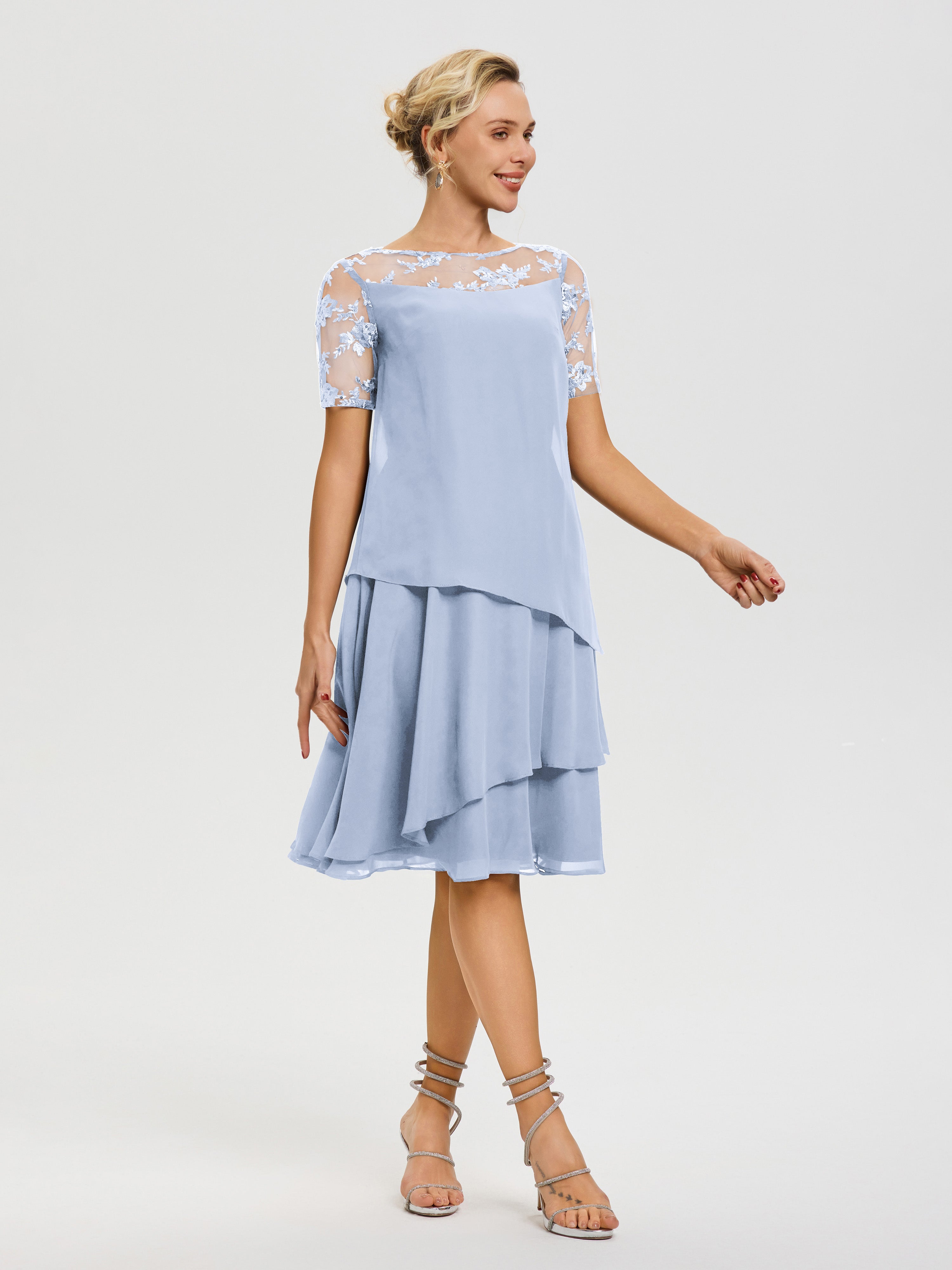Cicinia Robe Mère De La Mariée Bleu Ciel Col Rond Mancherons Mousseline & Dentelle Robe De Cérémonie Mère Du Marié