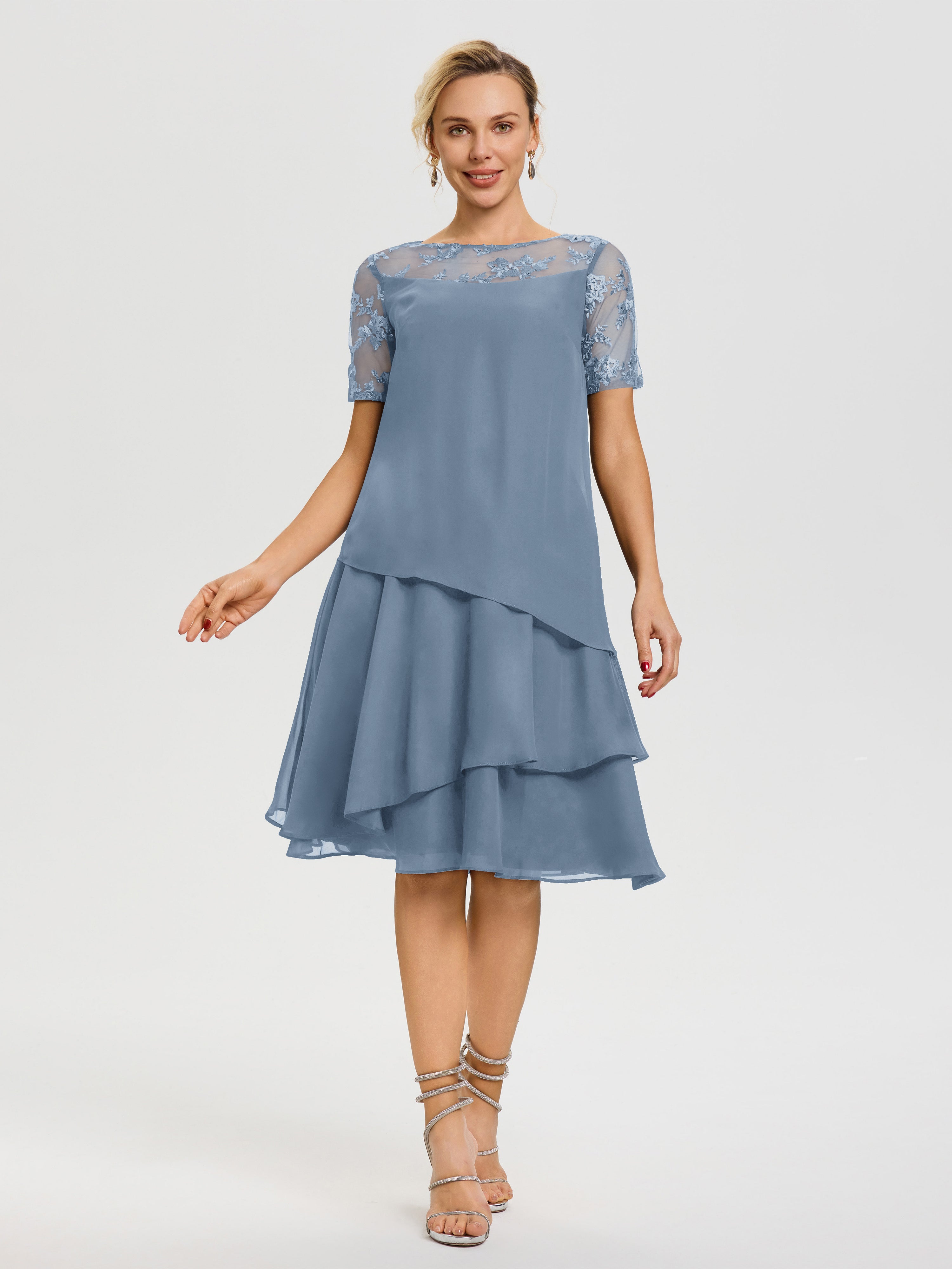 Robe Mère De La Mariee Bleu De Schiste Col-Rond-Mancherons-Mousseline-Dentelle-Robe-De-Ceremonie-Mere-Du-Marie