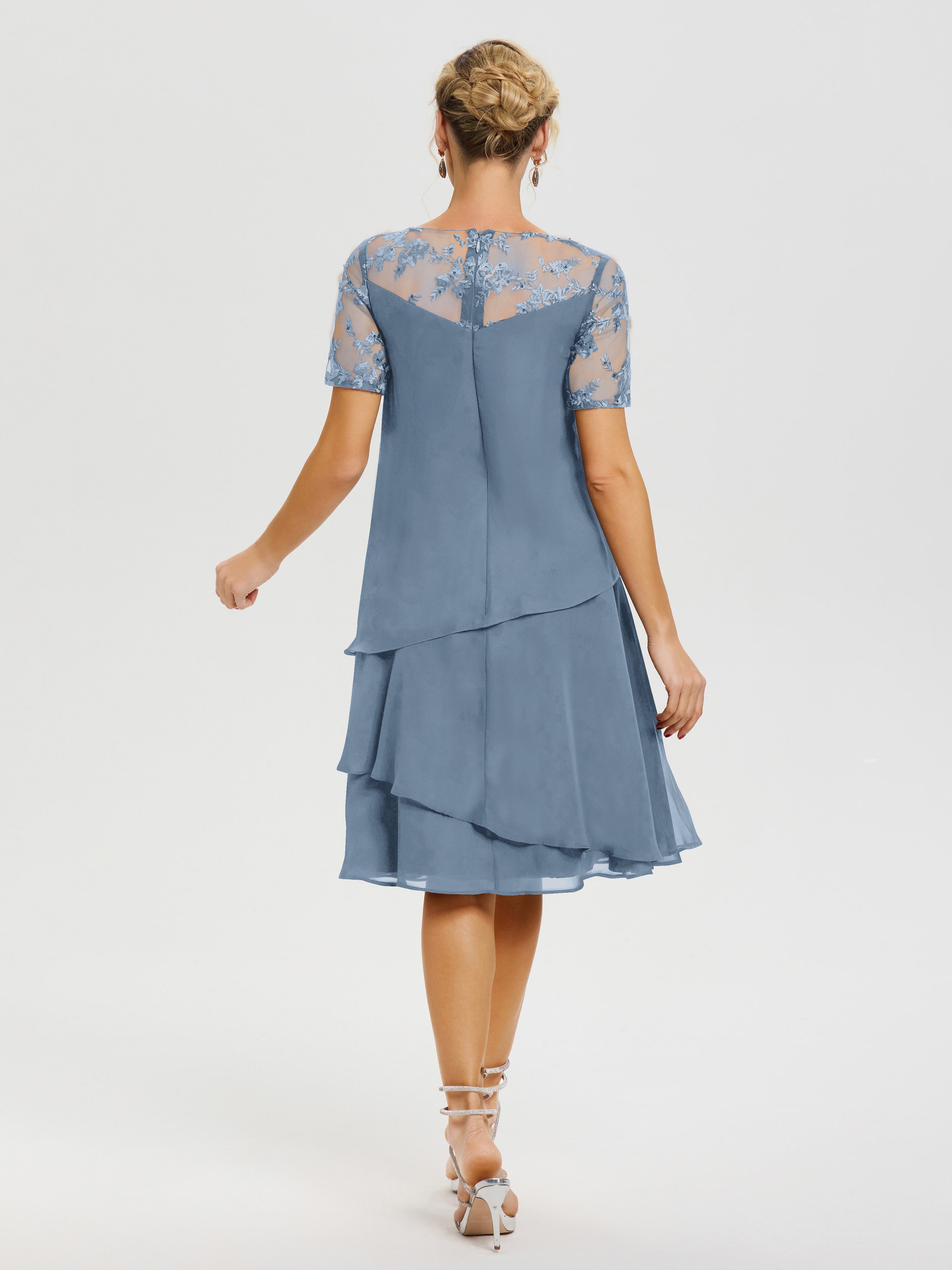 Robe Mère De La Mariee Bleu De Schiste Col-Rond-Mancherons-Mousseline-Dentelle-Robe-De-Ceremonie-Mere-Du-Marie