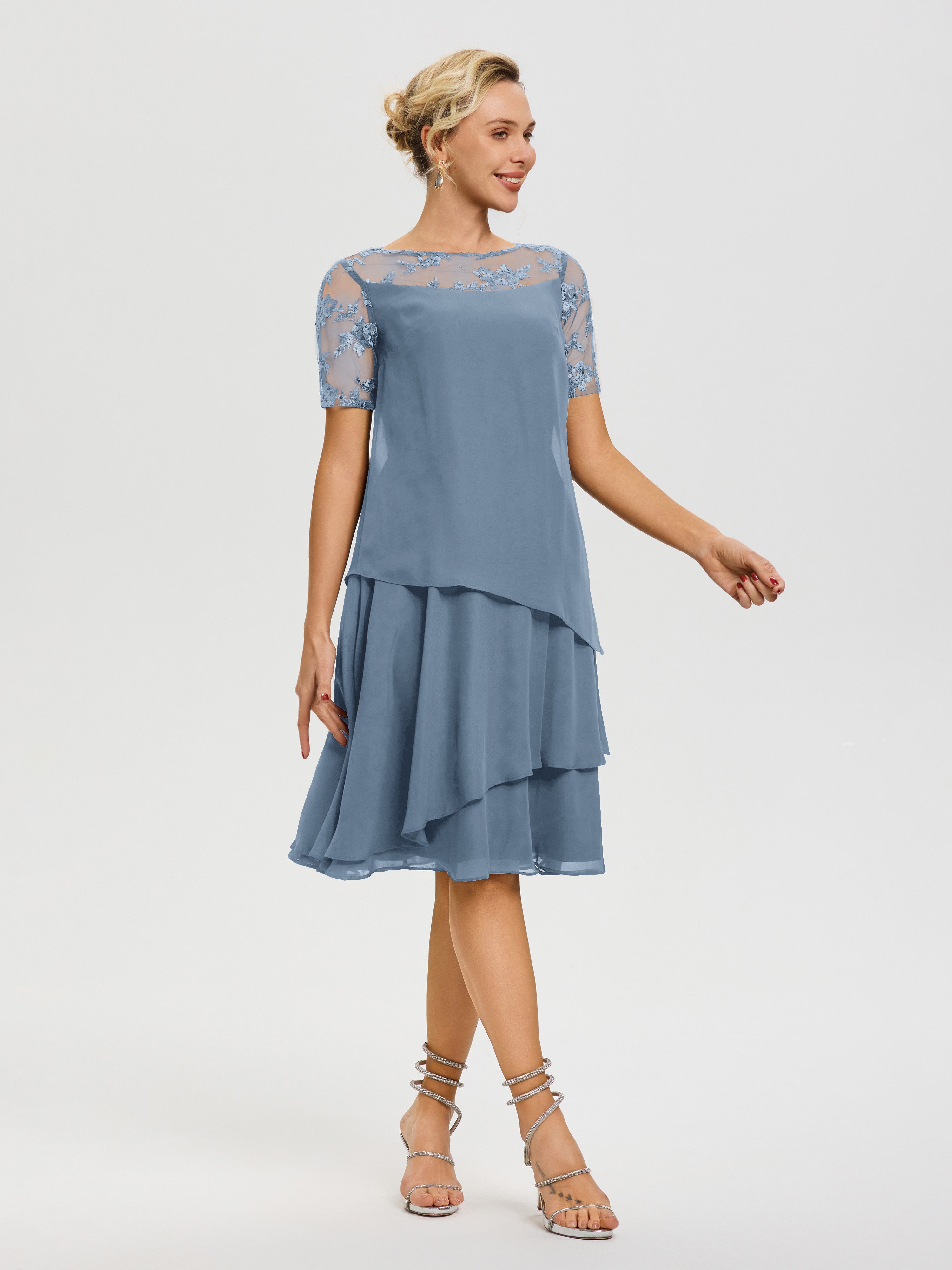 Robe Mère De La Mariee Bleu De Schiste Col-Rond-Mancherons-Mousseline-Dentelle-Robe-De-Ceremonie-Mere-Du-Marie