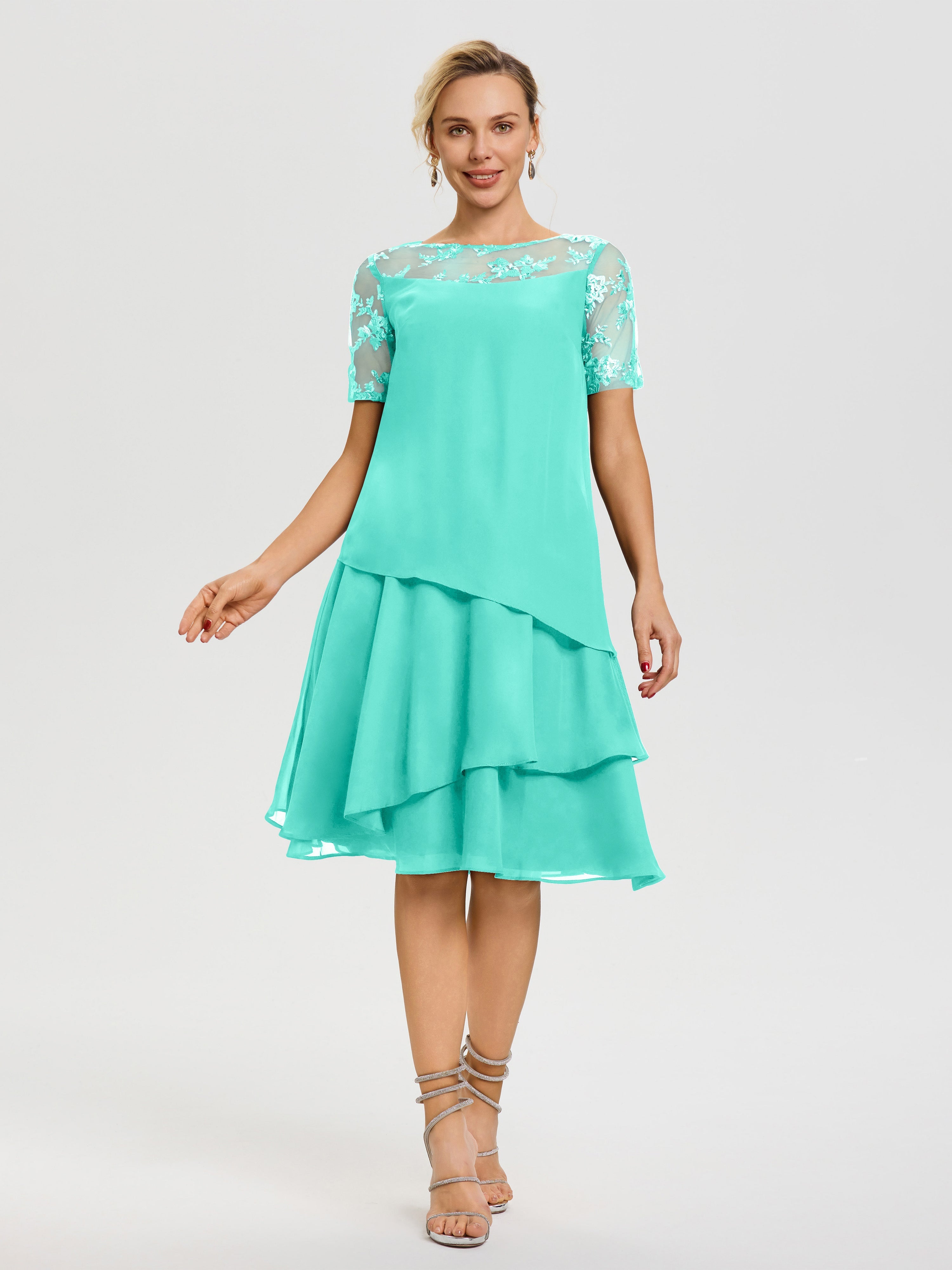Robes Mères De La Mariée Spa Col Rond Mancherons Mousseline & Dentelle Robe De Cérémonie Mère Du Marié