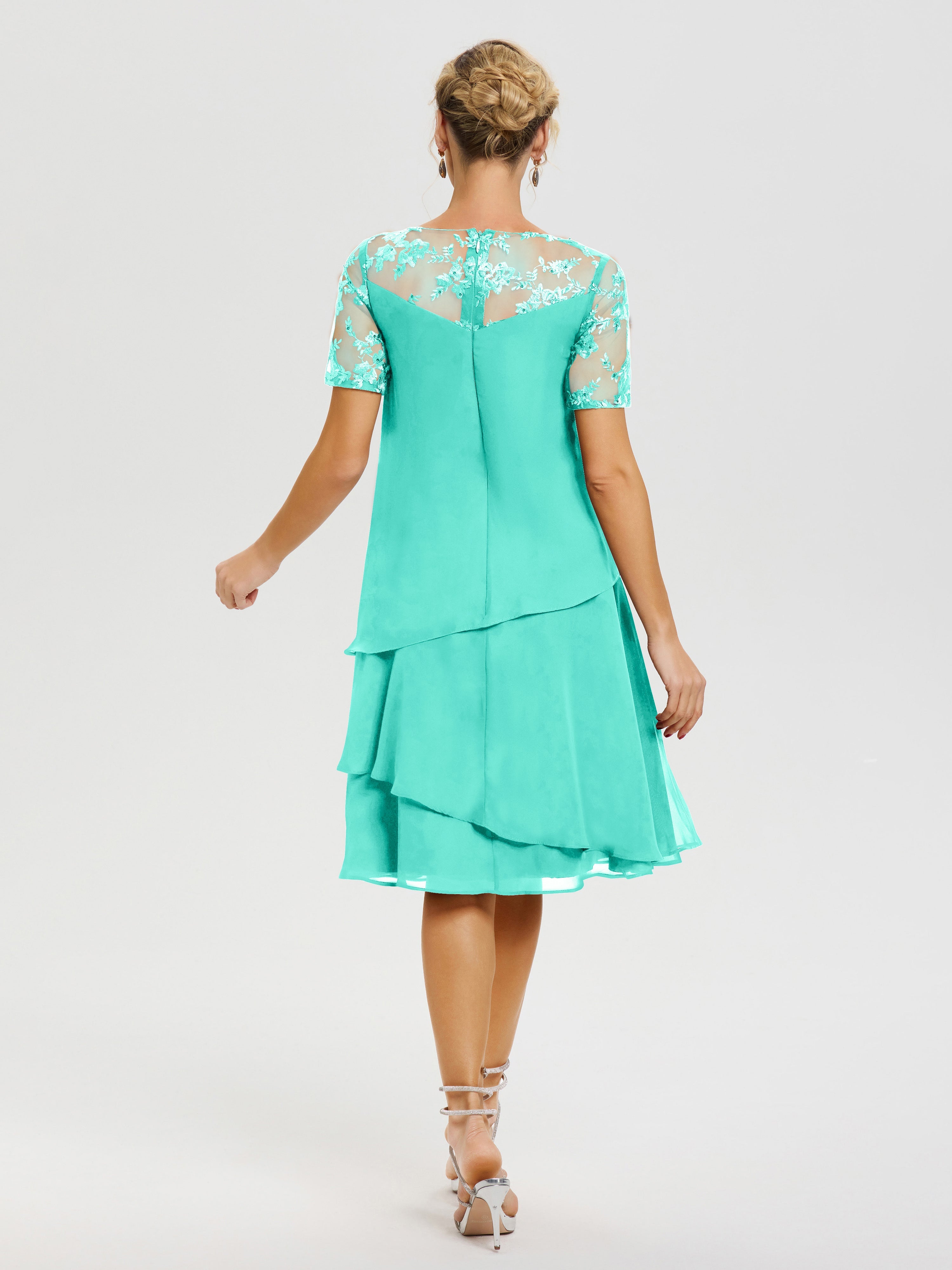 Robes Mères De La Mariée Spa Col Rond Mancherons Mousseline & Dentelle Robe De Cérémonie Mère Du Marié
