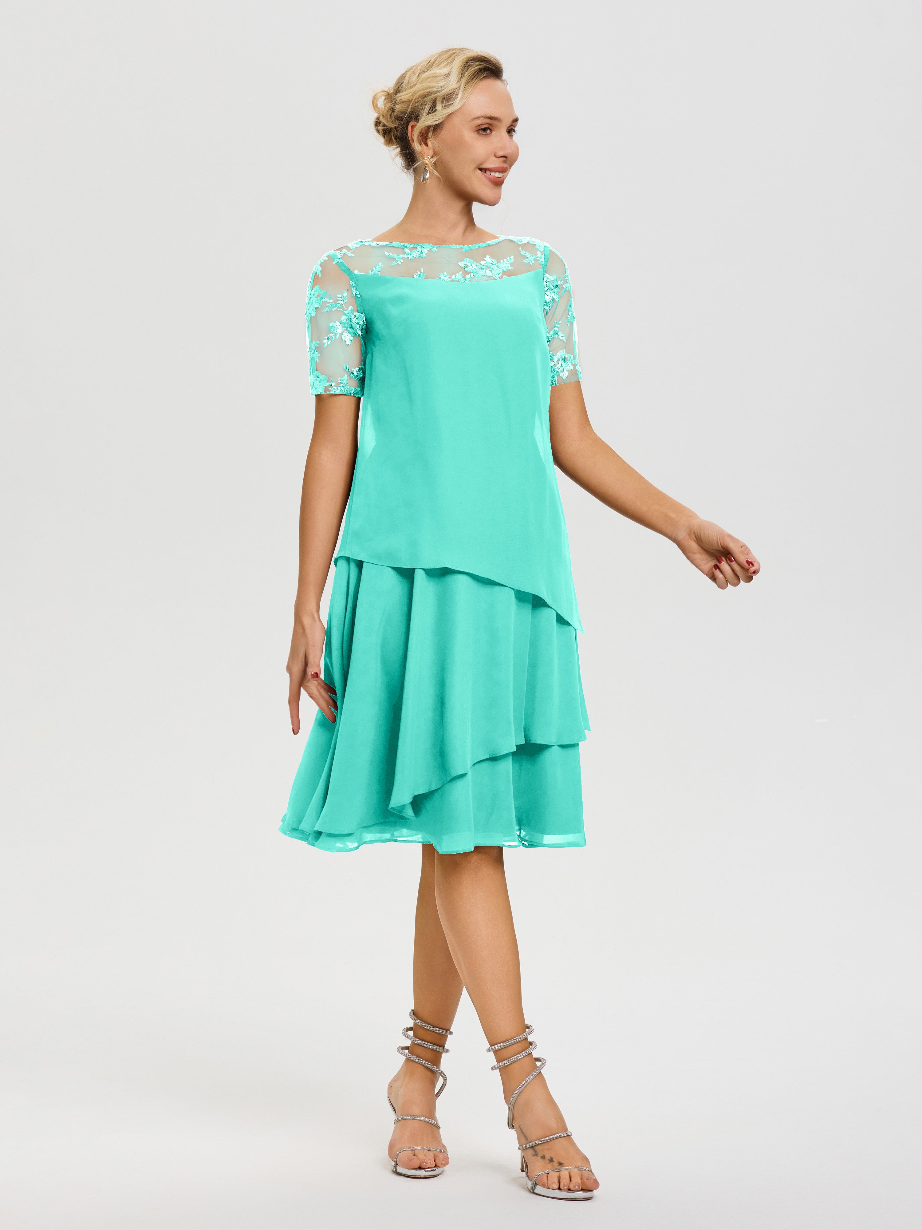 Robes Mères De La Mariée Spa Col Rond Mancherons Mousseline & Dentelle Robe De Cérémonie Mère Du Marié