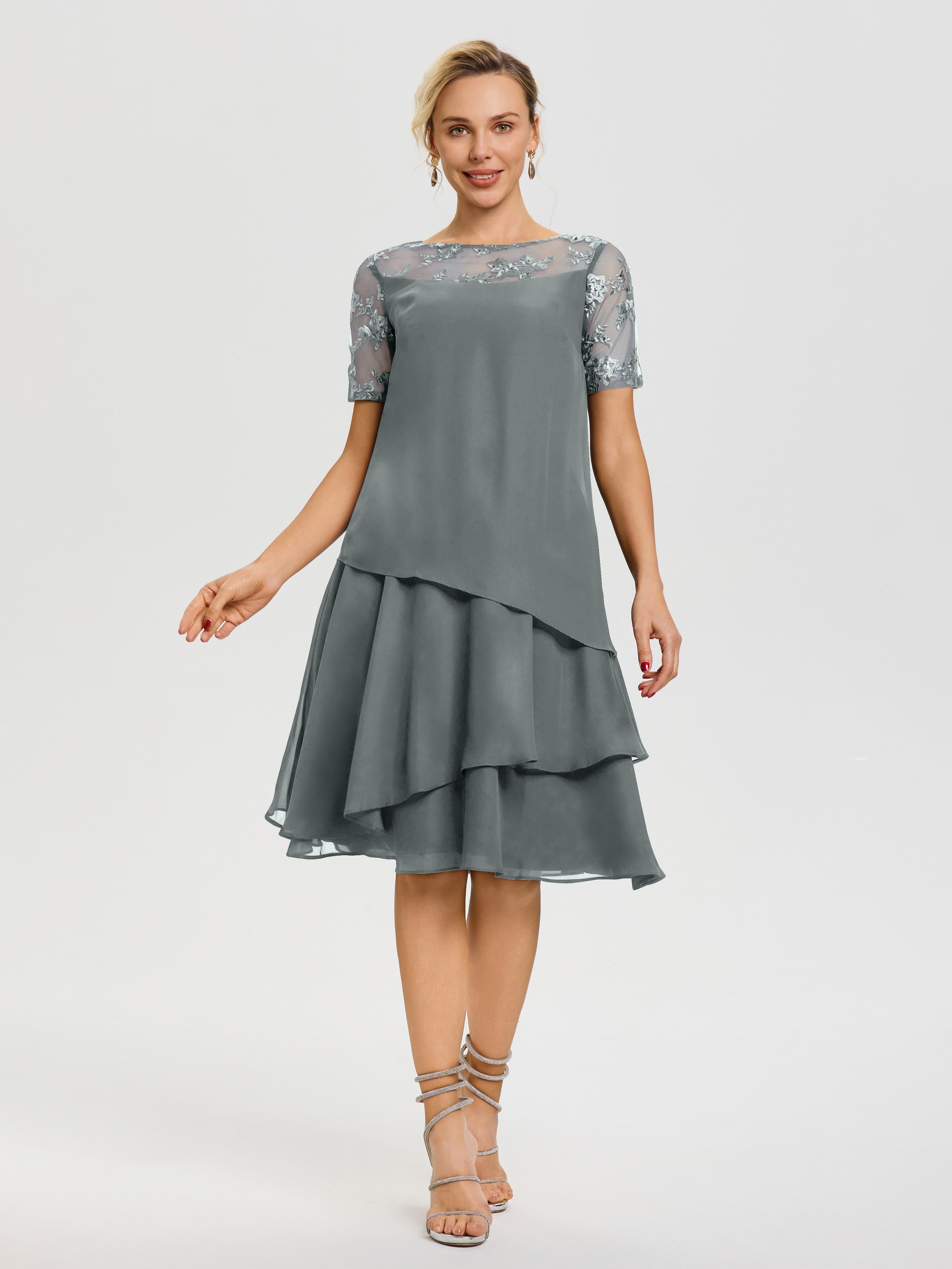 Robe Mère De La Mariee Gris Acier Col Rond Mancherons Mousseline & Dentelle Robe De Cérémonie Mère Du Marié