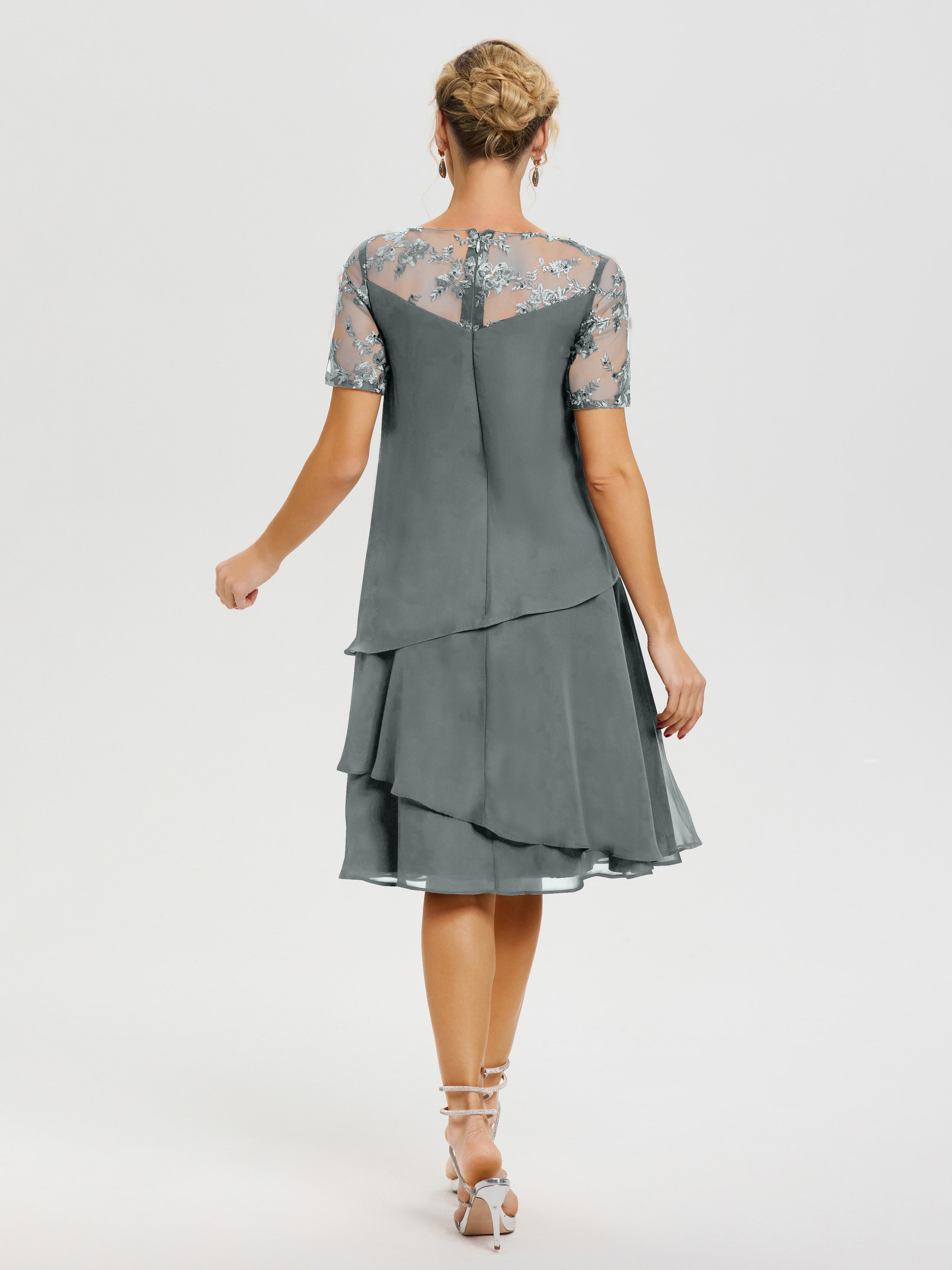 Robe Mère De La Mariee Gris Acier Col Rond Mancherons Mousseline & Dentelle Robe De Cérémonie Mère Du Marié