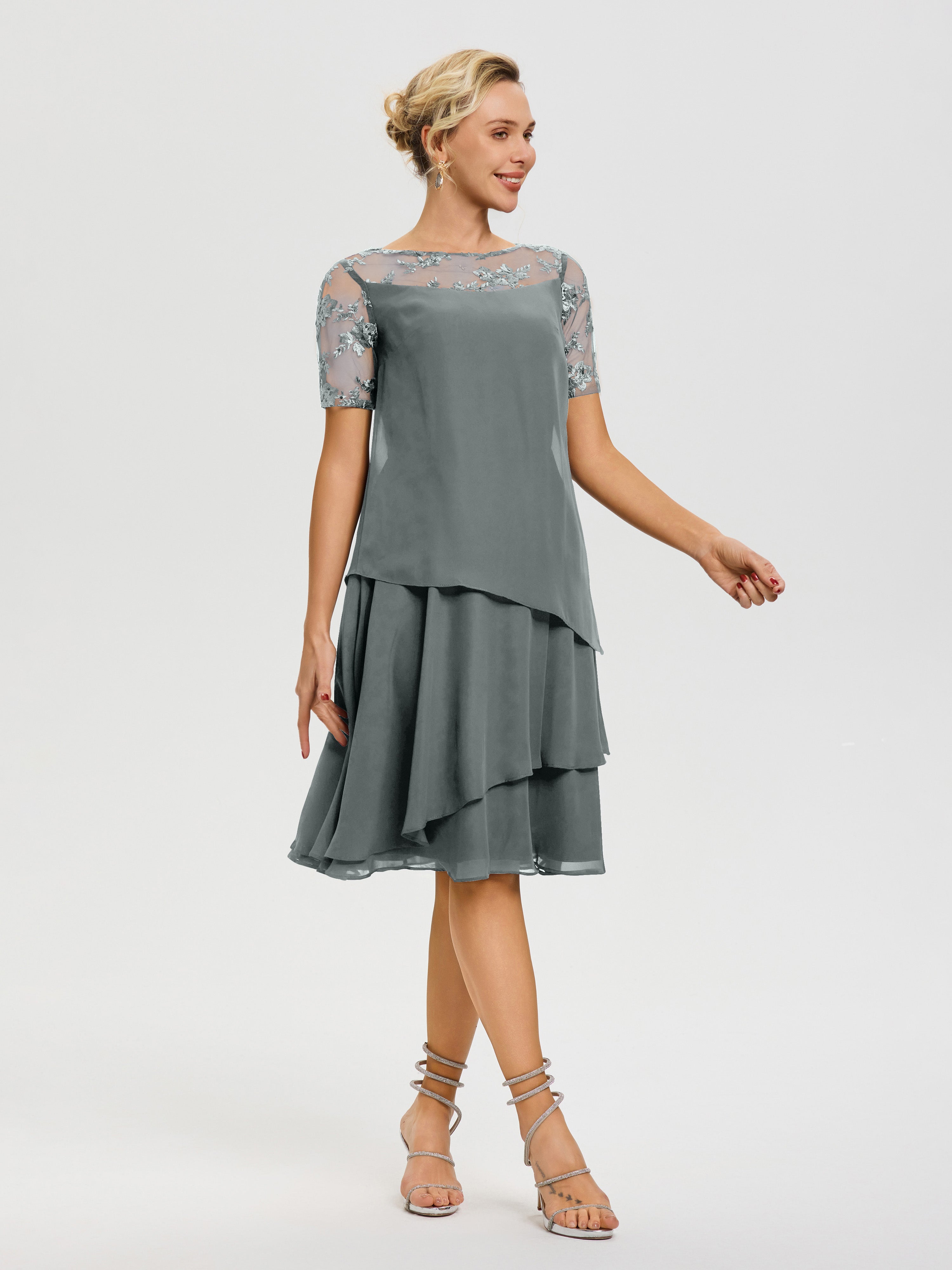 Robe Mère De La Mariee Gris Acier Col Rond Mancherons Mousseline & Dentelle Robe De Cérémonie Mère Du Marié