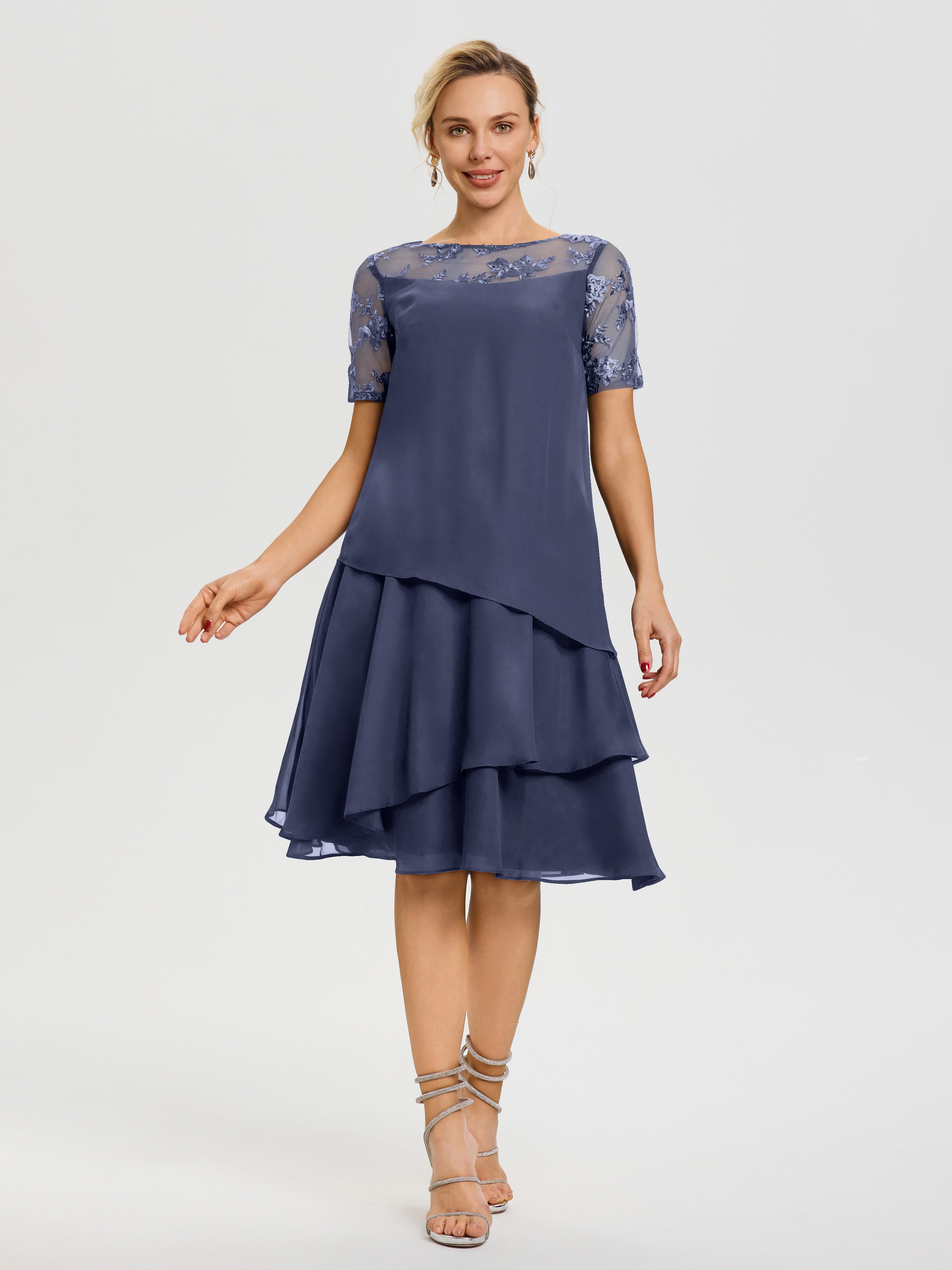 Robe Mère De La Mariee Orageux Col Rond Mancherons Mousseline & Dentelle Robe De Cérémonie Mère Du Marié